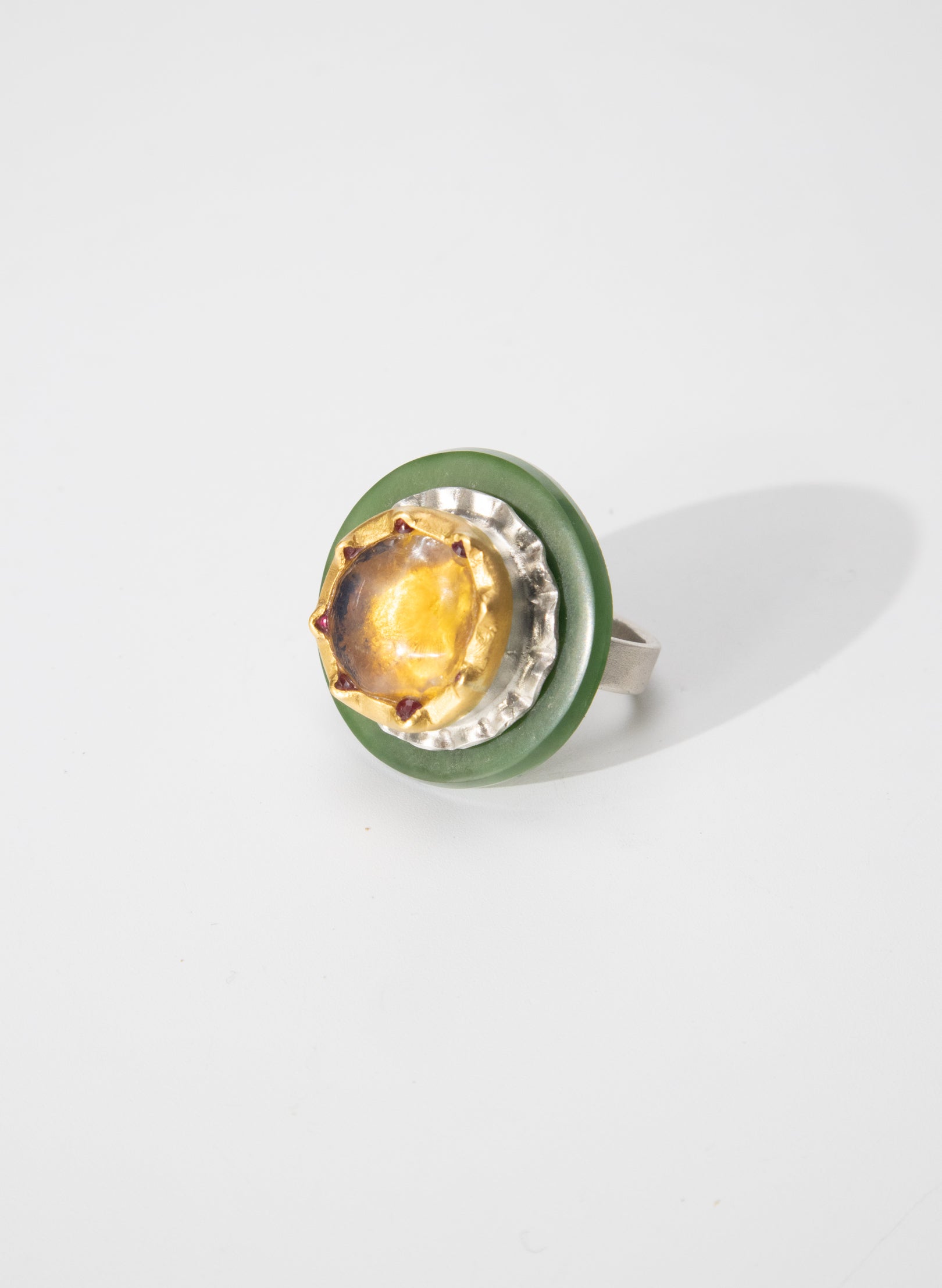 NZ Pounamu, Amber, Rubies, 24ct Gold, Sterling Silver Ring