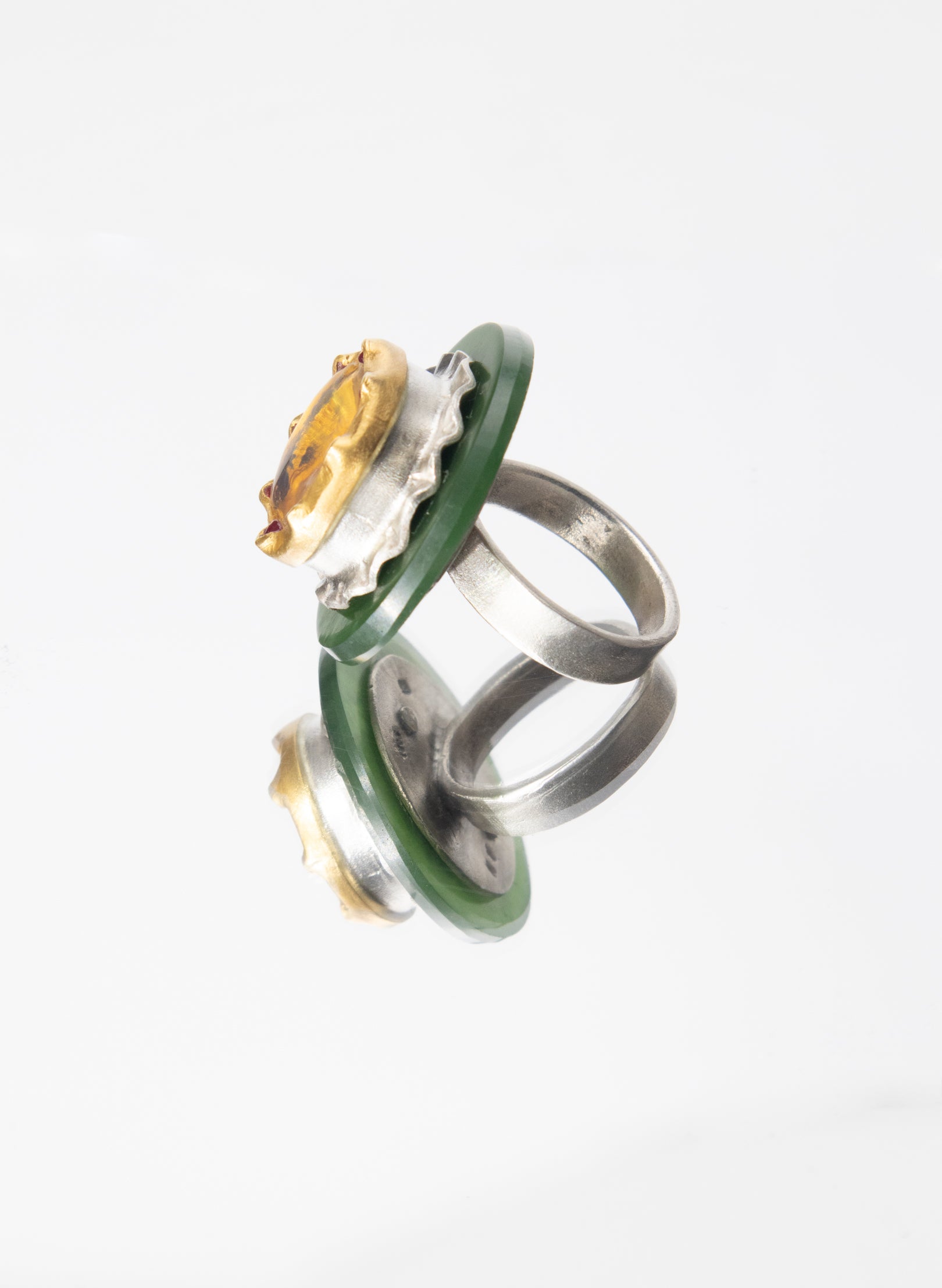 NZ Pounamu, Amber, Rubies, 24ct Gold, Sterling Silver Ring