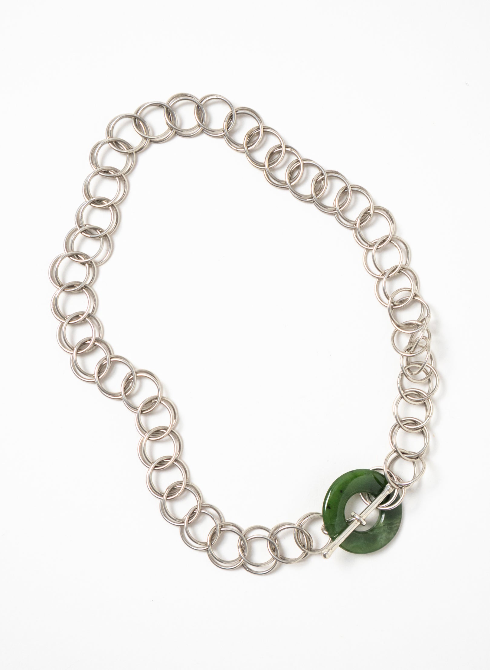 Pounamu Porowhita Disc on a Silver 2 Ring Chainmail Choker