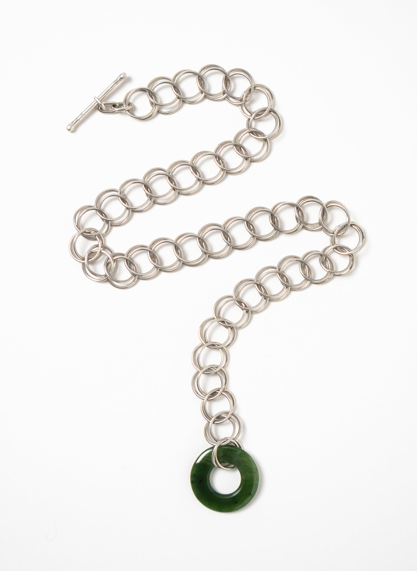 Pounamu Porowhita Disc on a Silver 2 Ring Chainmail Choker