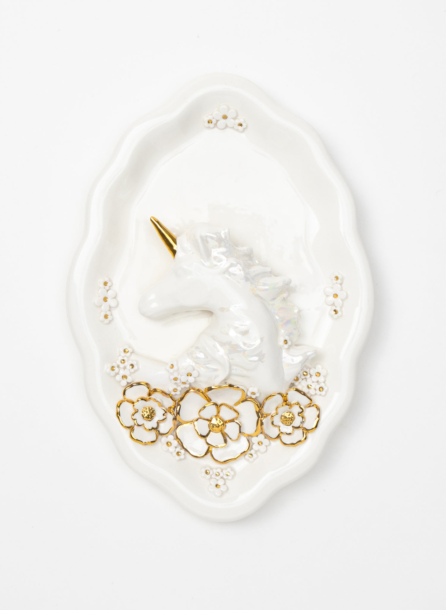 Large Oval Unicorn Wall Plate with White and Gold Flowers