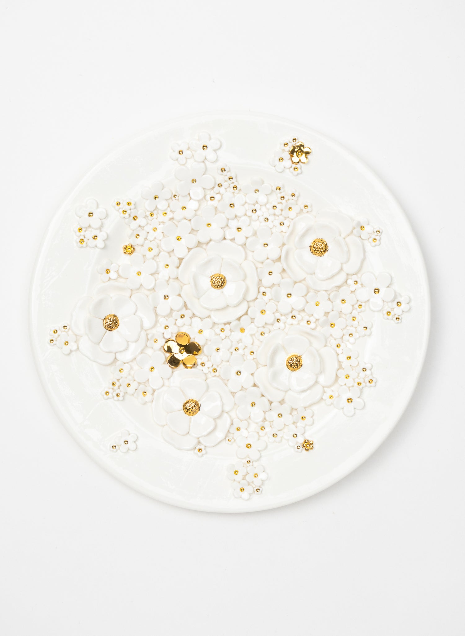 Large Round Wall Plate with White and Gold Flowers
