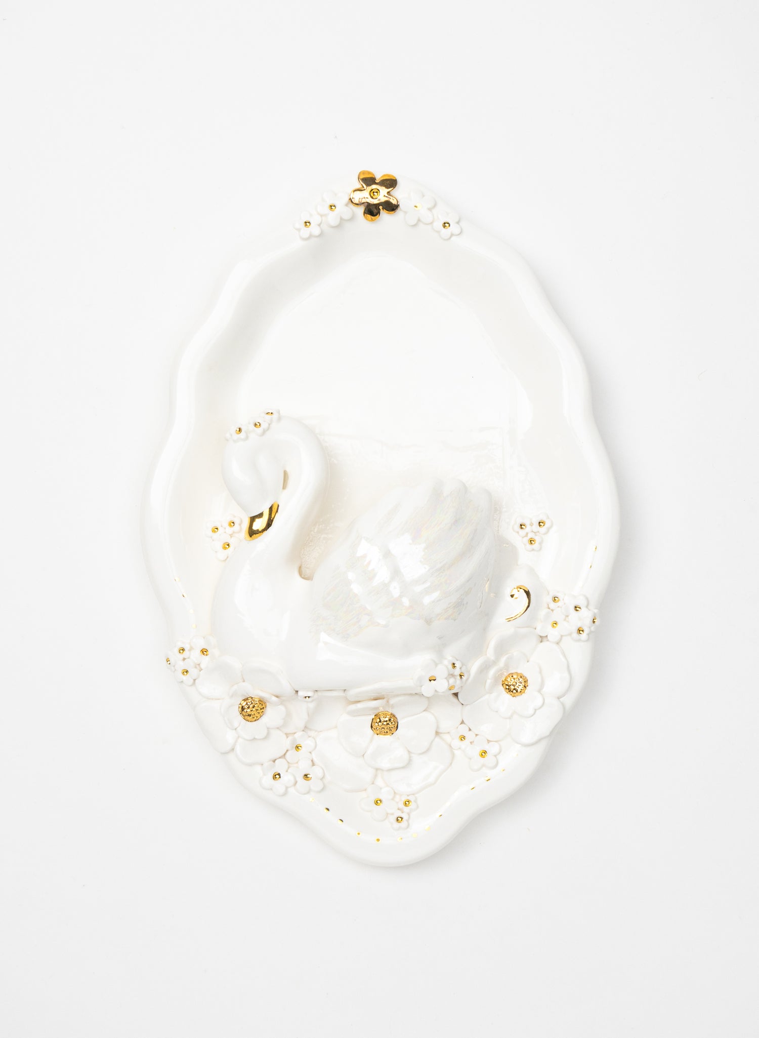 Large Oval Swan Wall Plate with White and Gold Flowers