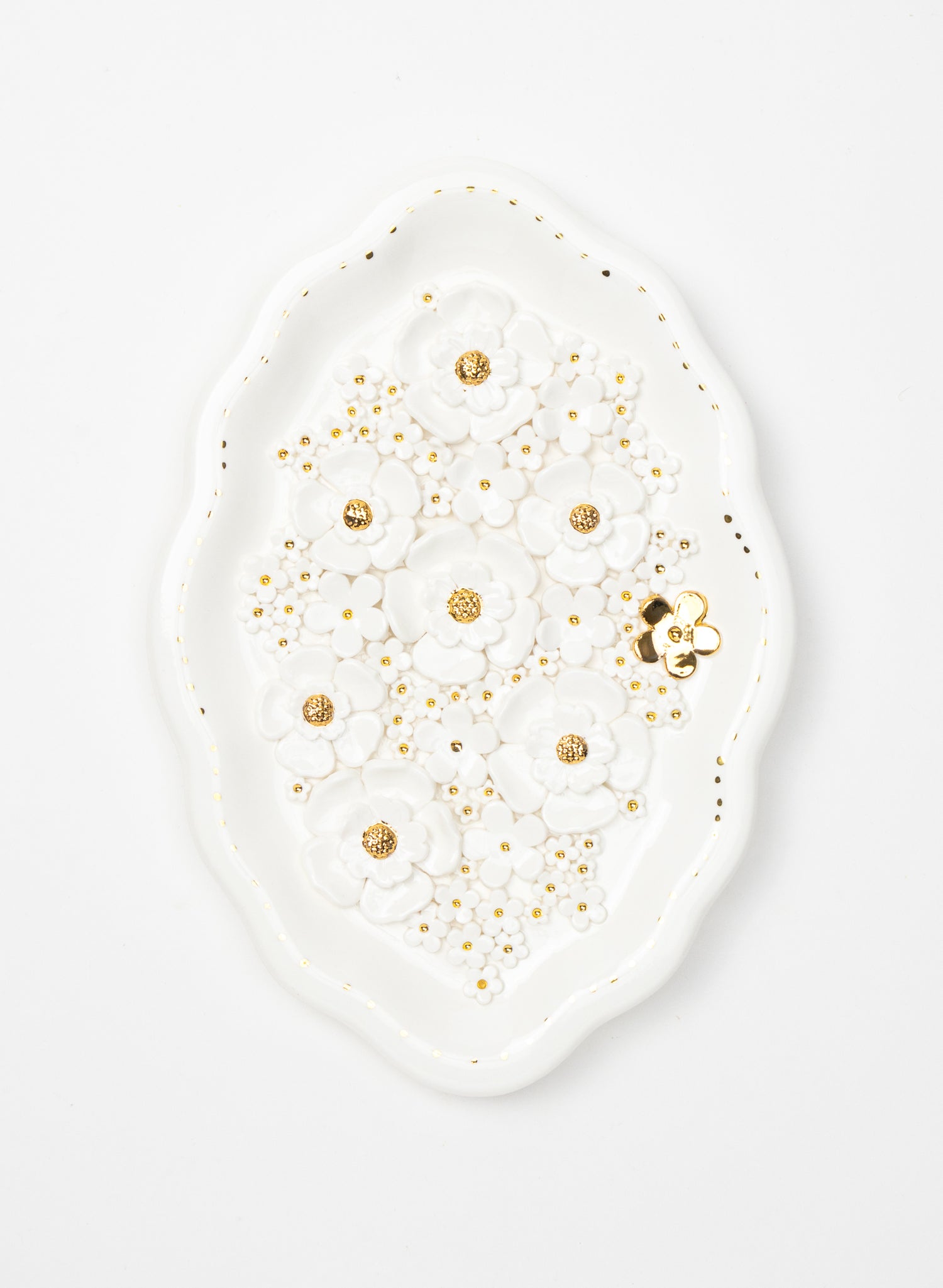 Large Oval Wall Plate with White and Gold Flowers