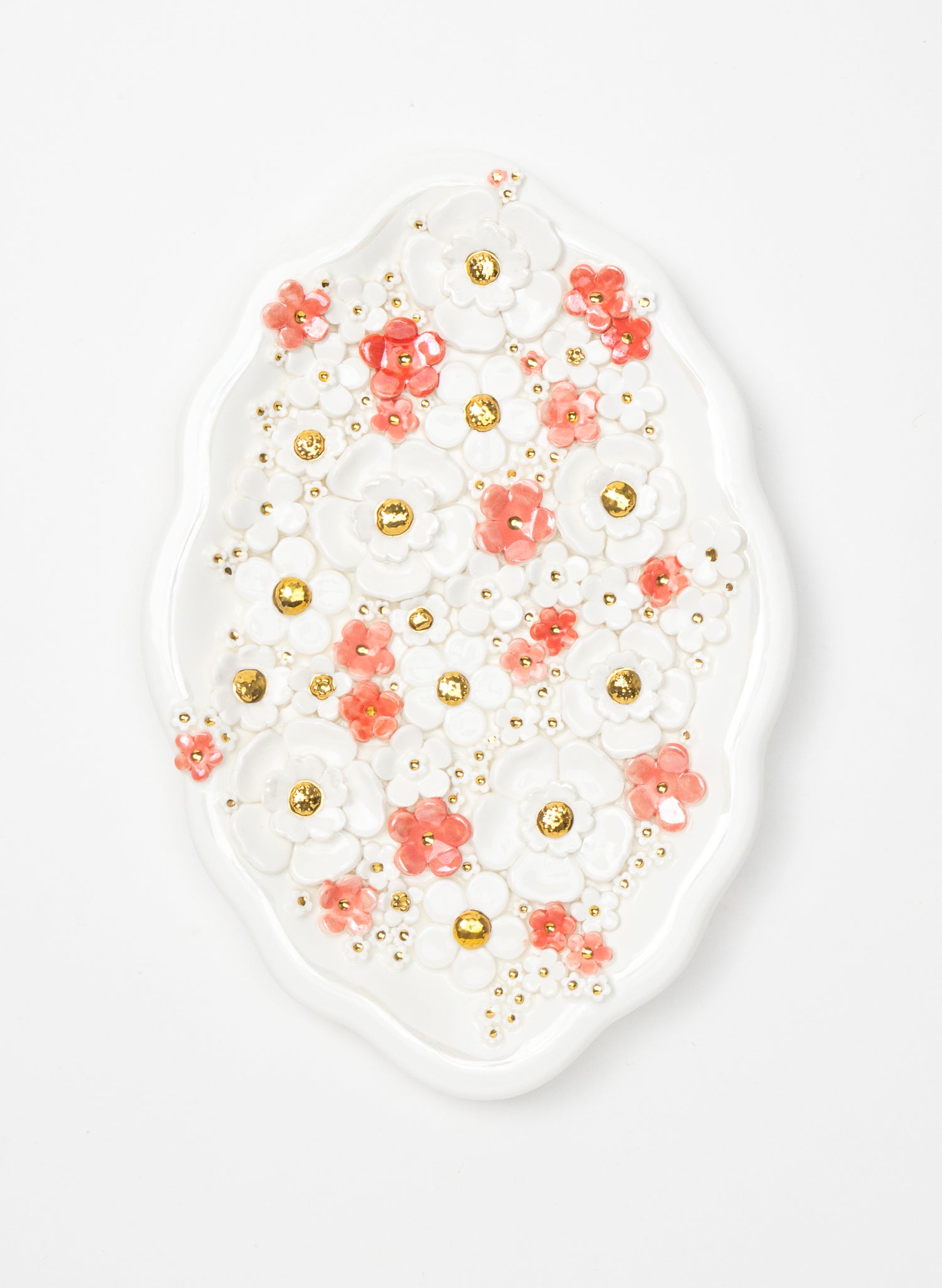 Large Oval Wall Plate with White, Pink and Gold Flowers