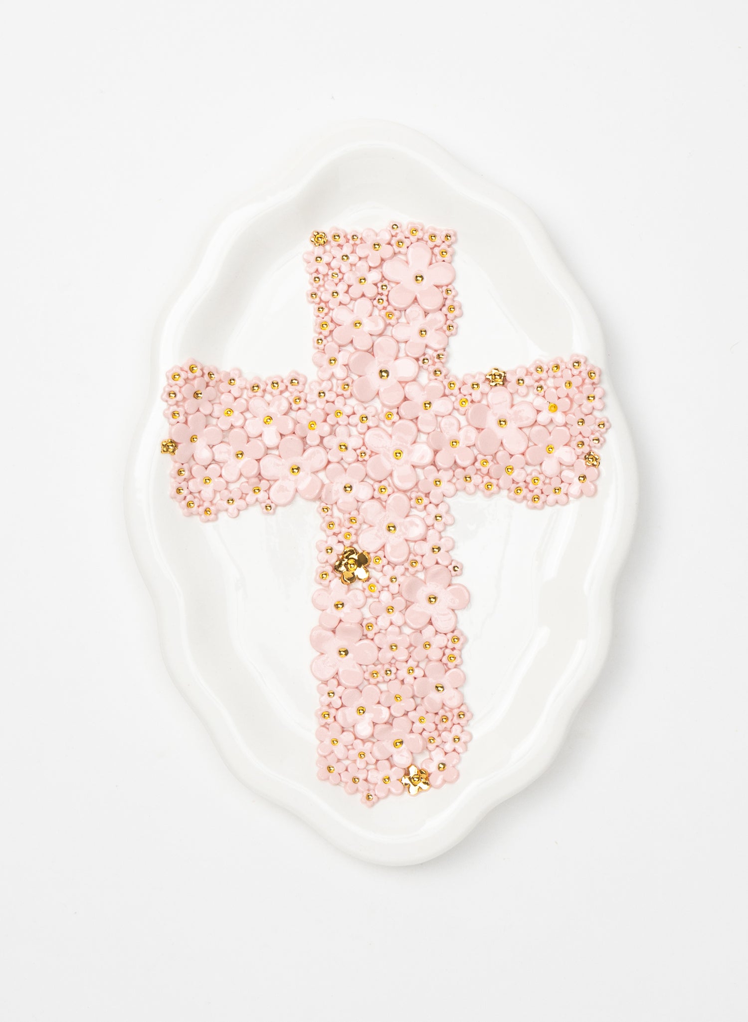 Large Oval Wall Plate with Pink and Gold Flower Cross