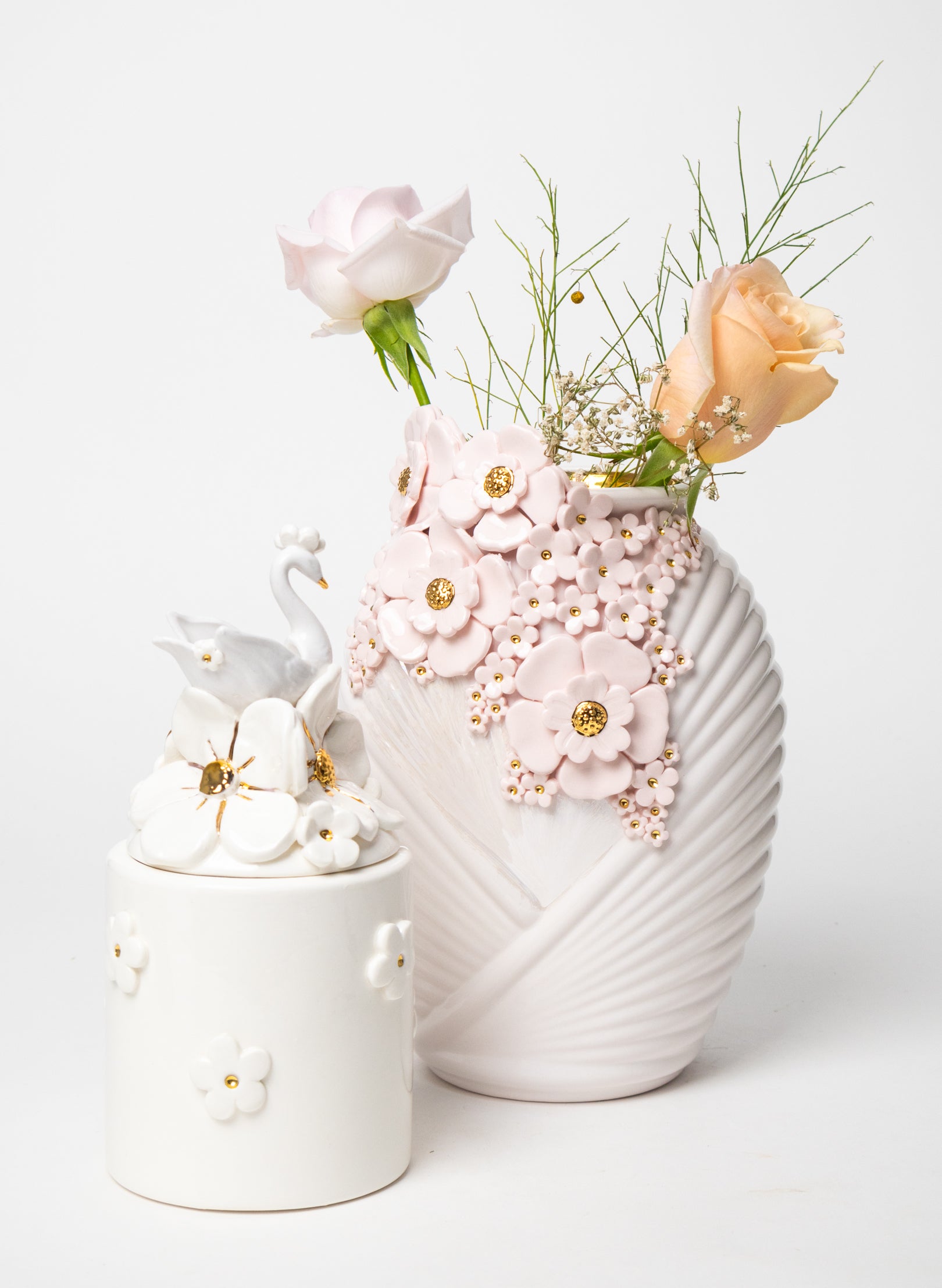 XL Deco Vase with White and Gold Flowers
