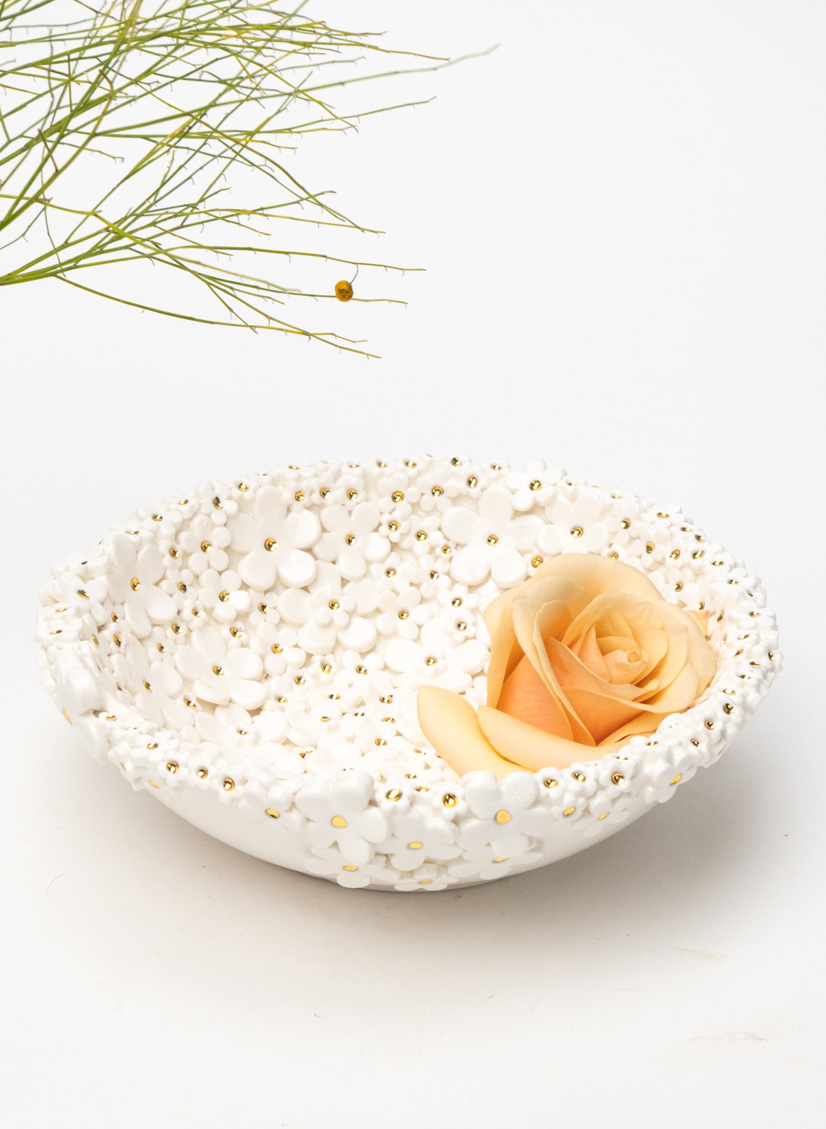 Medium Flower Bowl with White and Gold Flowers