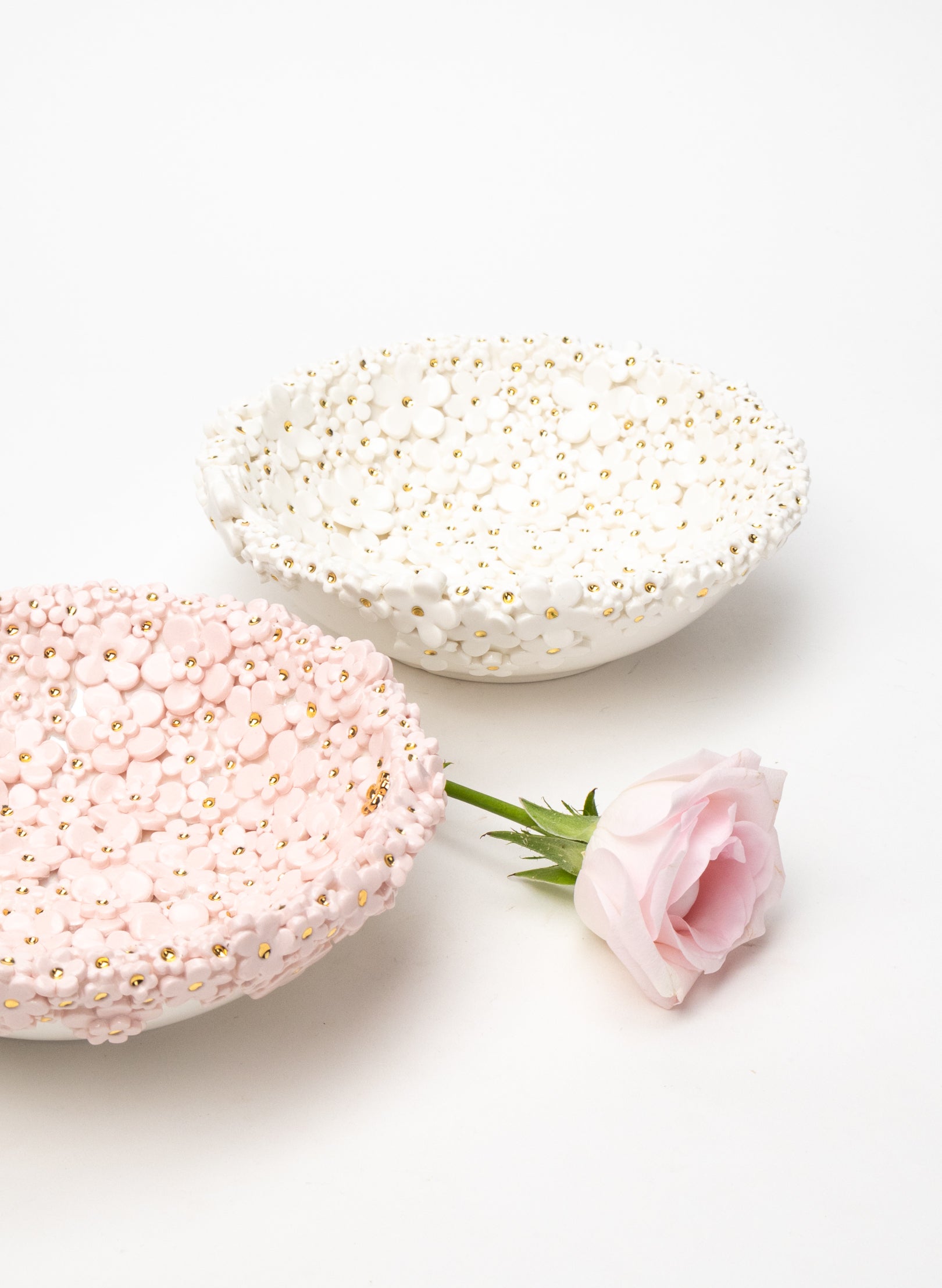Medium Flower Bowl with White and Gold Flowers