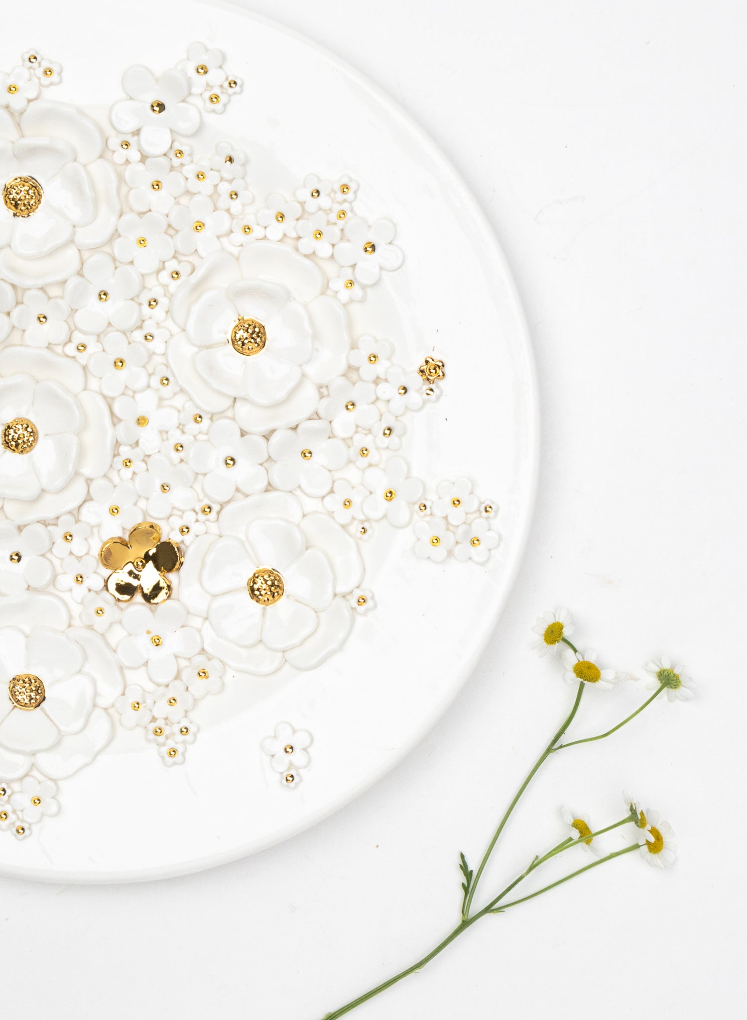 Large Round Wall Plate with White and Gold Flowers