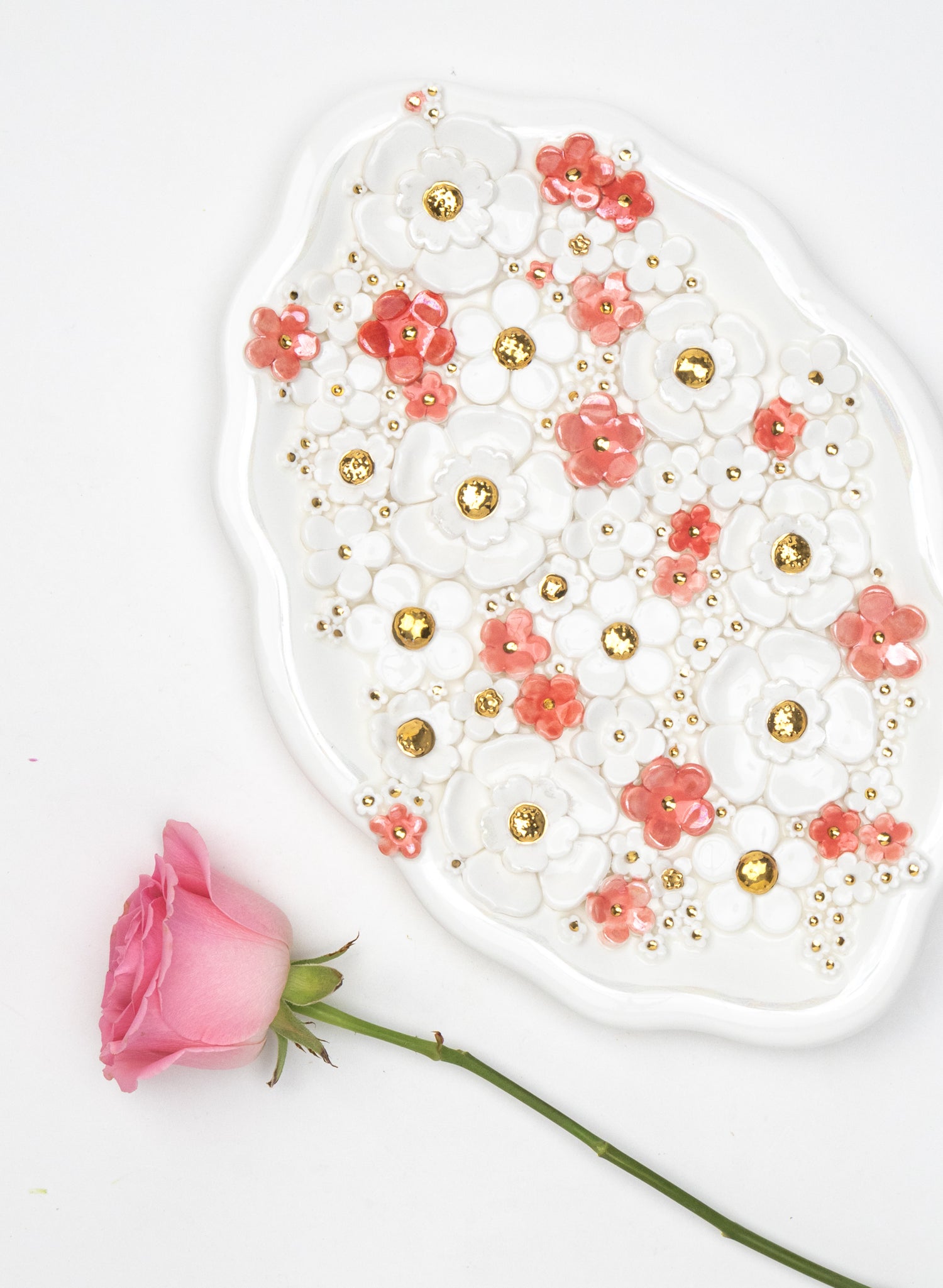 Large Oval Wall Plate with White, Pink and Gold Flowers