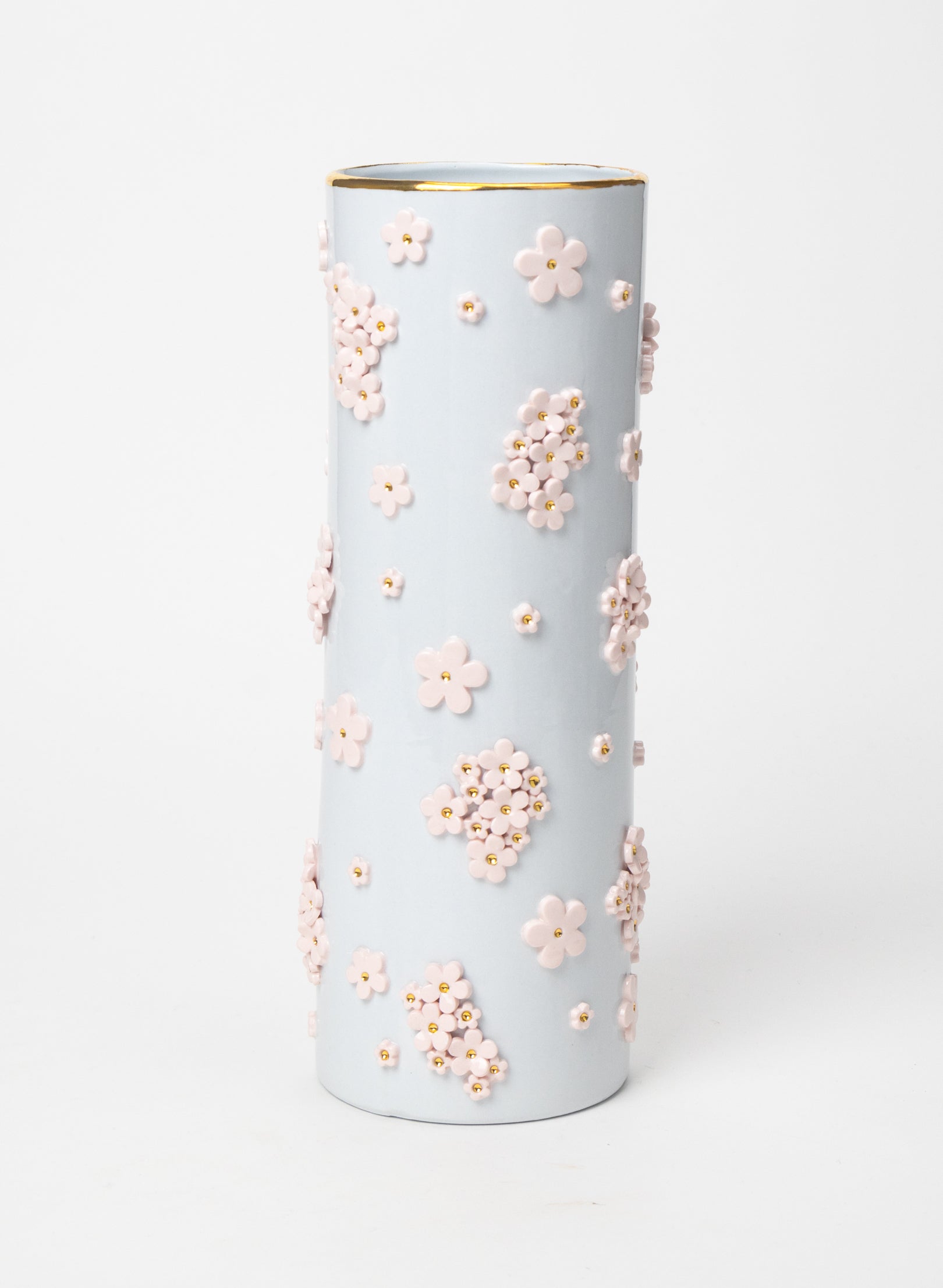 XXL Round Tall Blue Vase with White and Gold Flowers