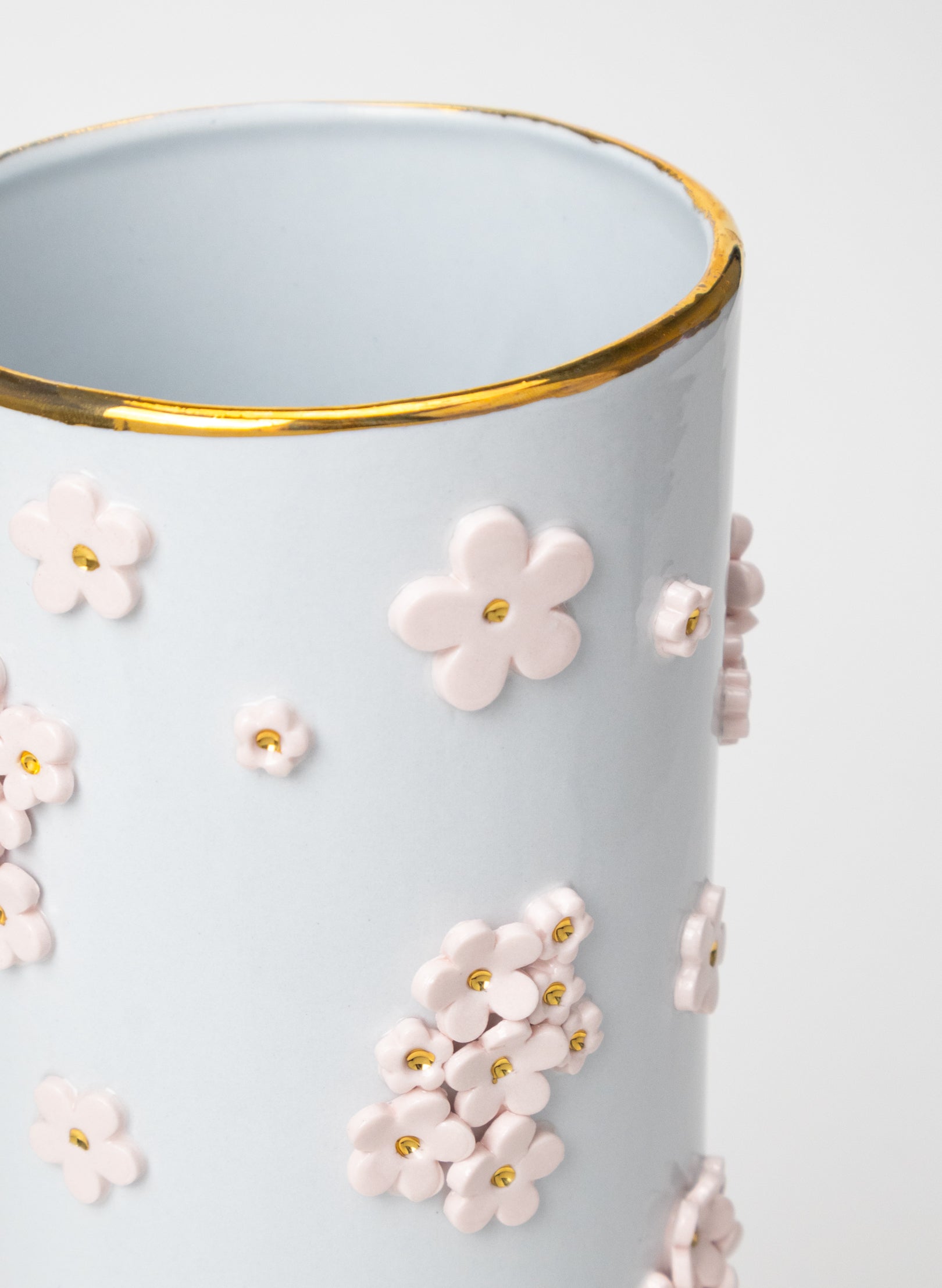 XXL Round Tall Blue Vase with White and Gold Flowers