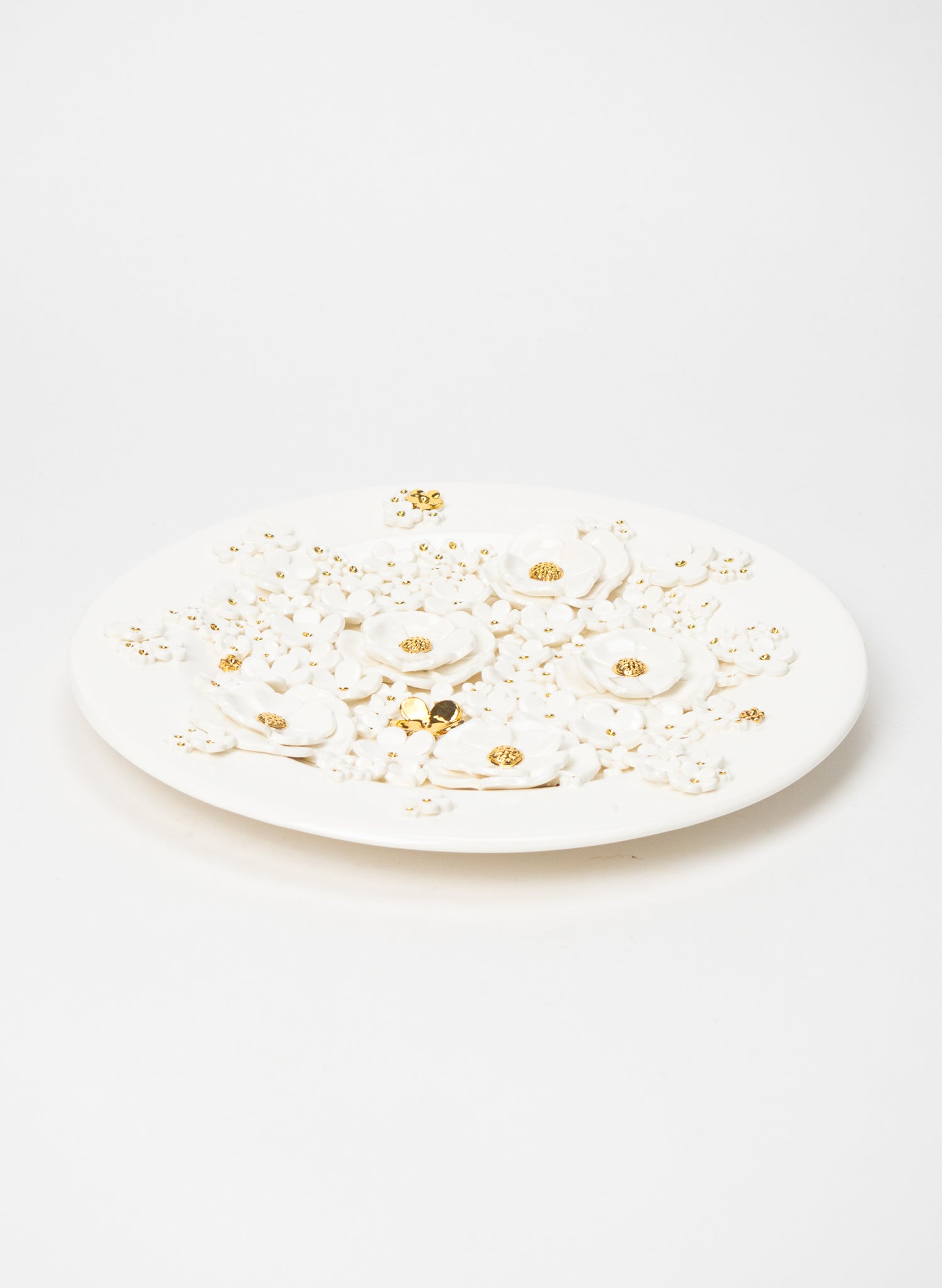 Large Round Wall Plate with White and Gold Flowers