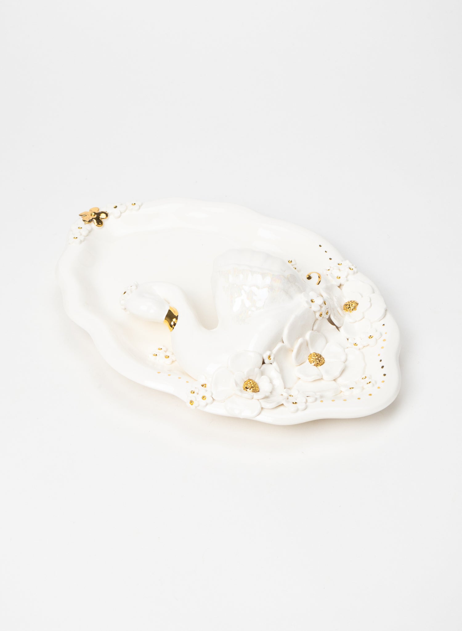 Large Oval Swan Wall Plate with White and Gold Flowers