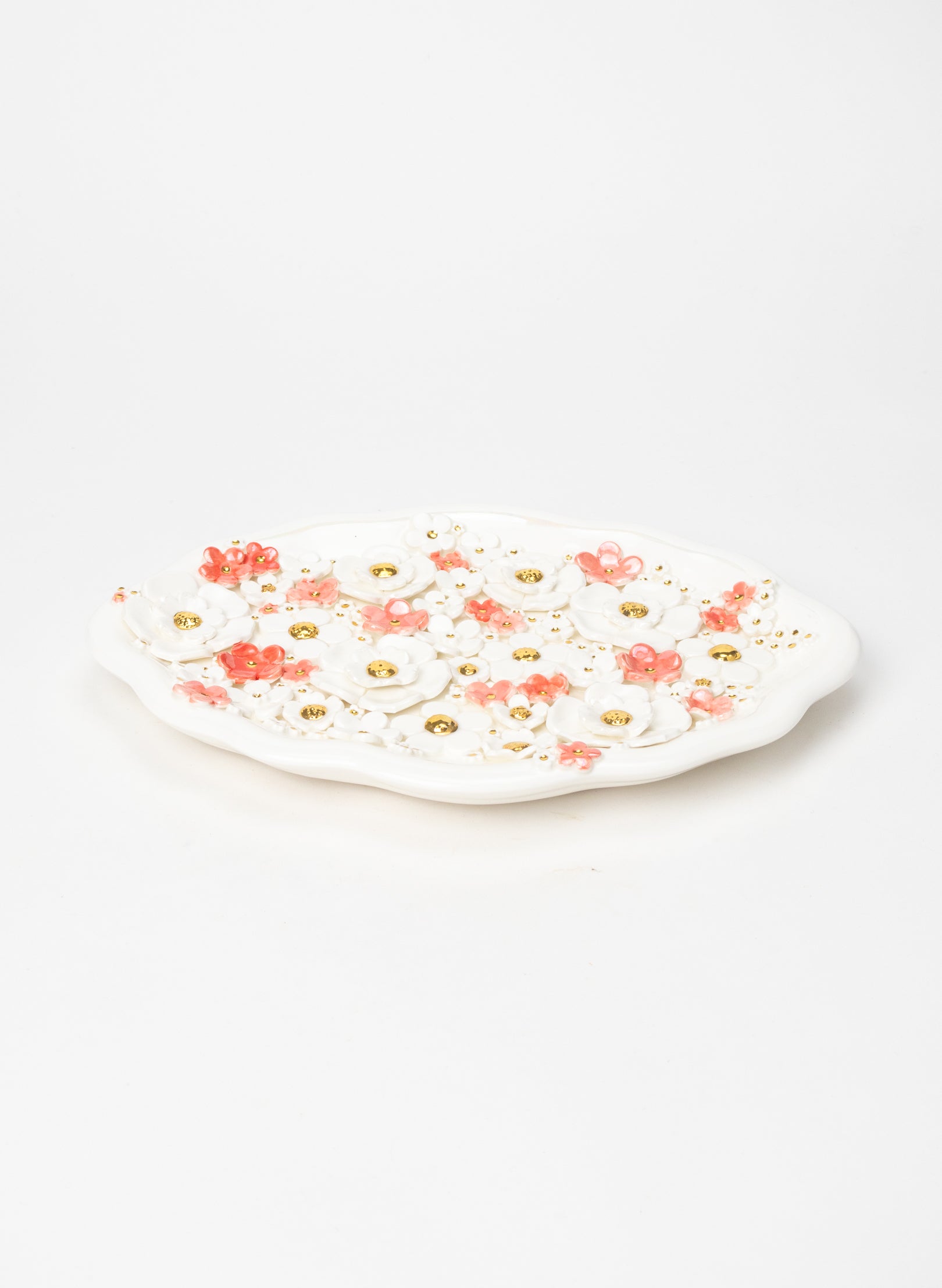 Large Oval Wall Plate with White, Pink and Gold Flowers