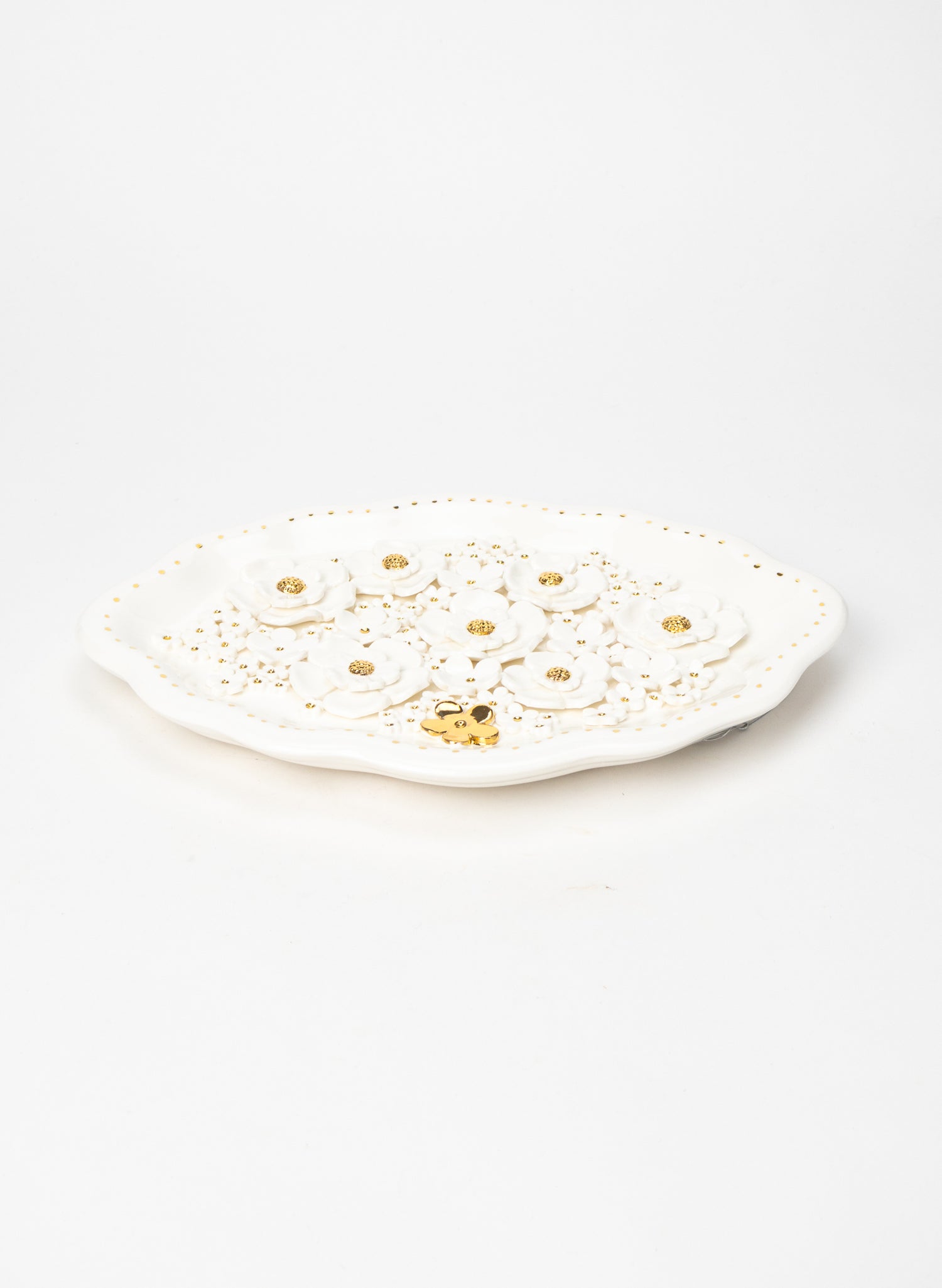 Large Oval Wall Plate with White and Gold Flowers