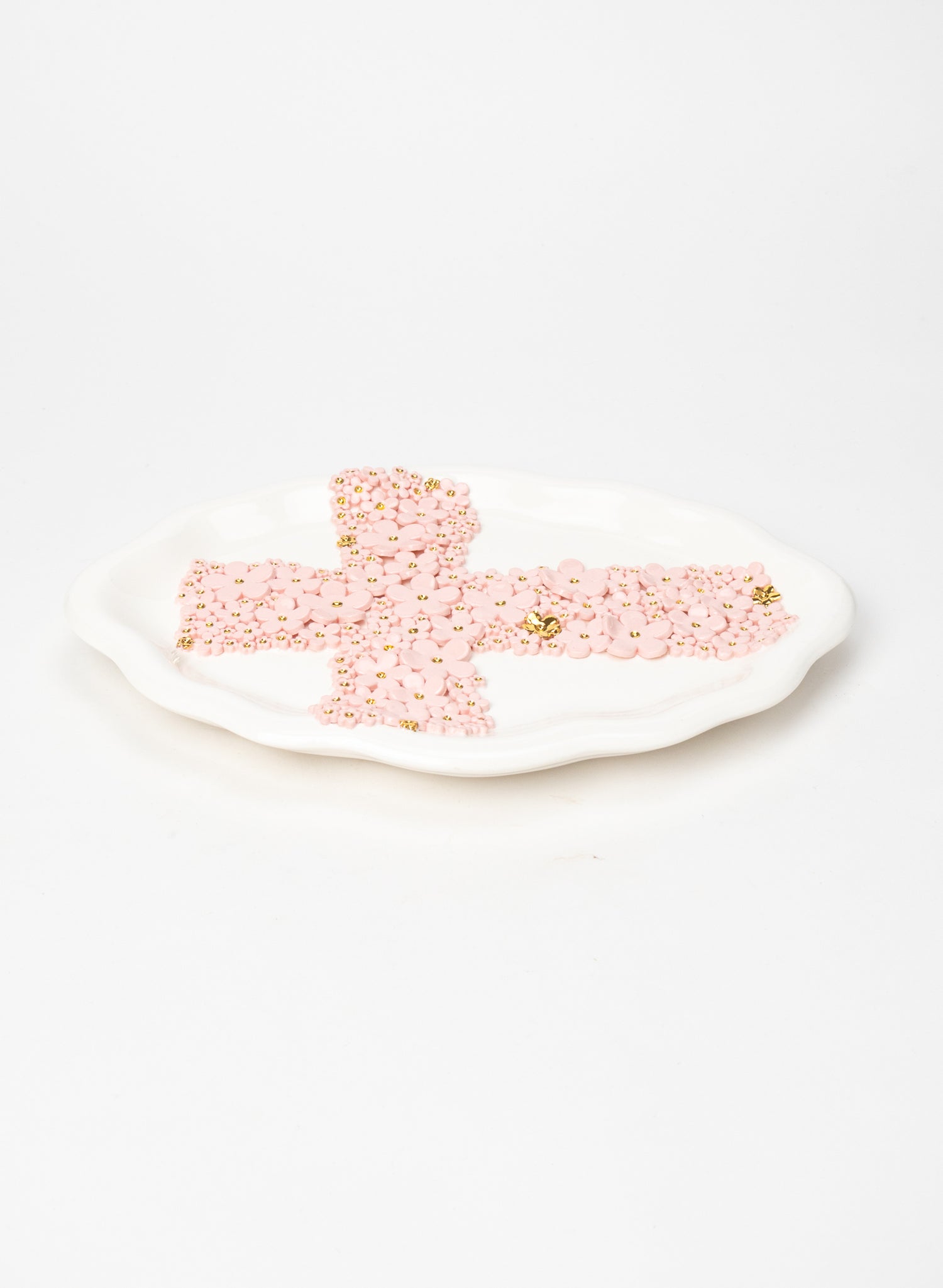 Large Oval Wall Plate with Pink and Gold Flower Cross