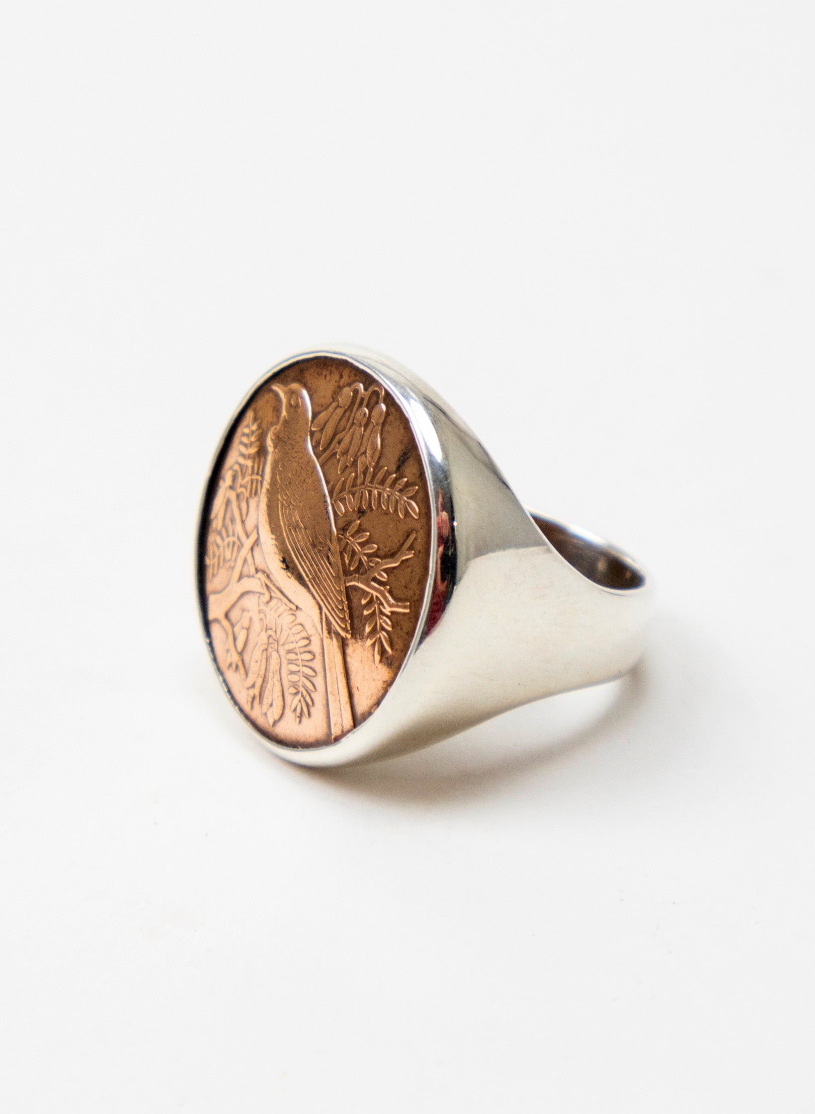 Round Tūī Penny Signet Ring - Sterling Silver & Bronze