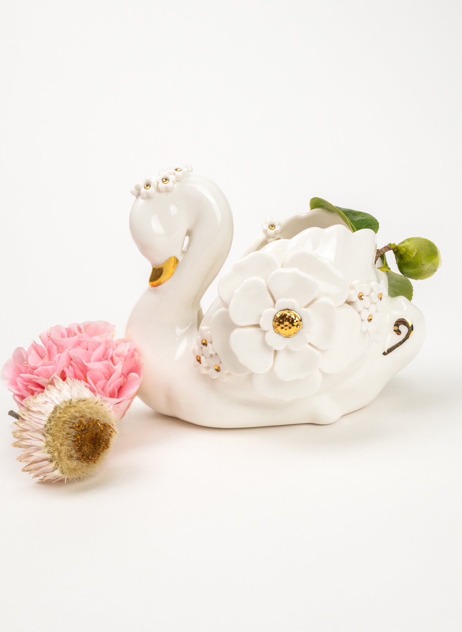 Swan with Gold and White Flowers