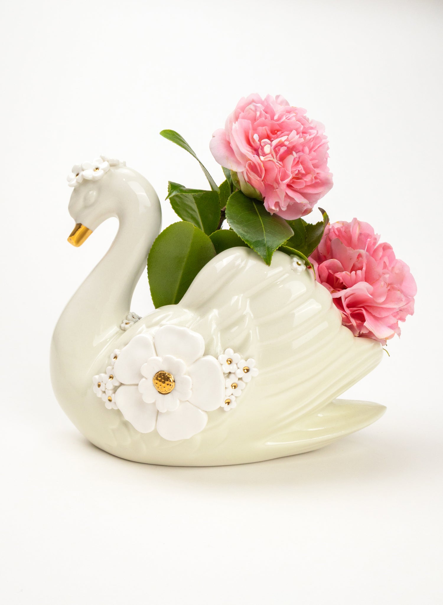 Large Green Swan with Gold and White Flowers