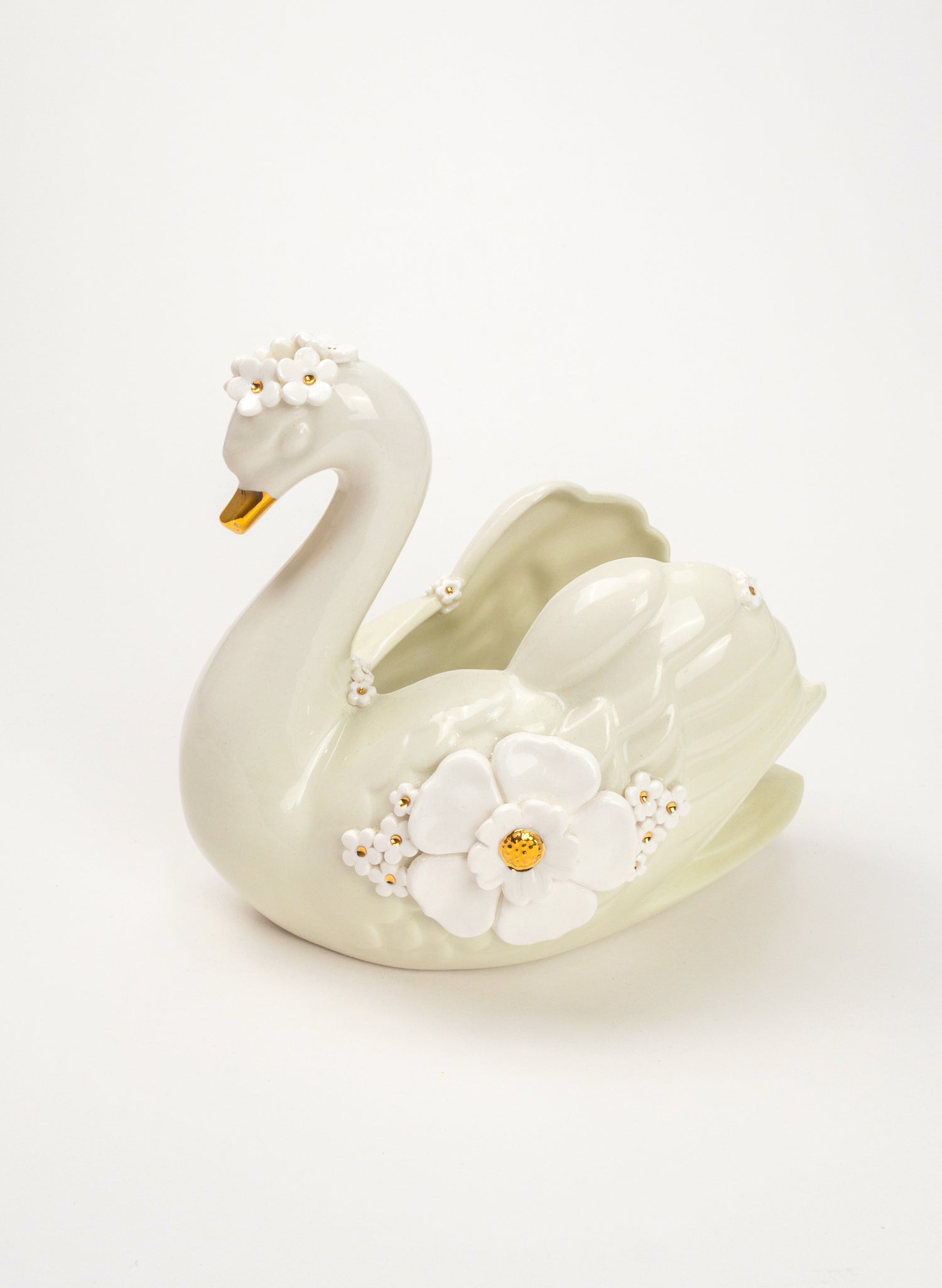 Large Green Swan with Gold and White Flowers