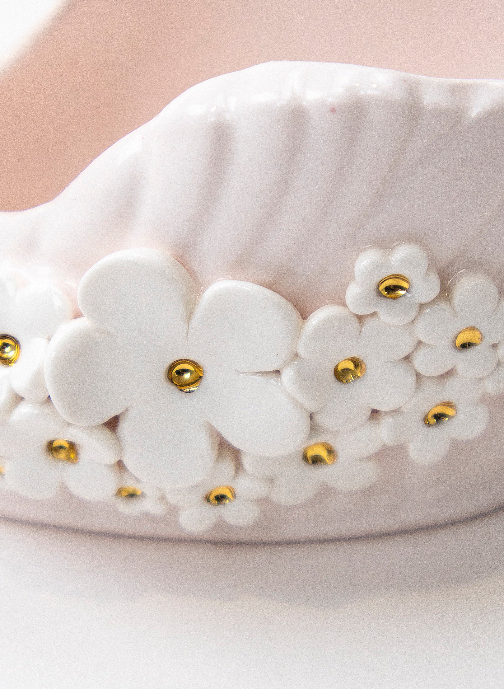 Small Pale Pink Swan Vase with Golden and White Flowers