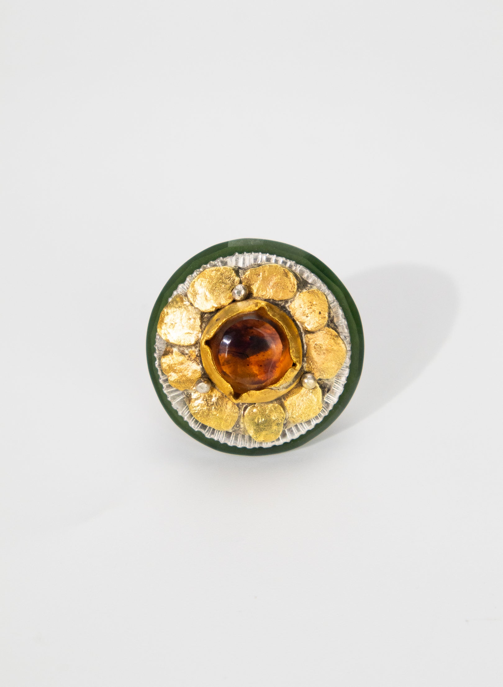 New Zealand Amber, 24ct Gold, South Island Gold Nuggets 98% Pure New Zealand Jade and Sterling Silver Ring