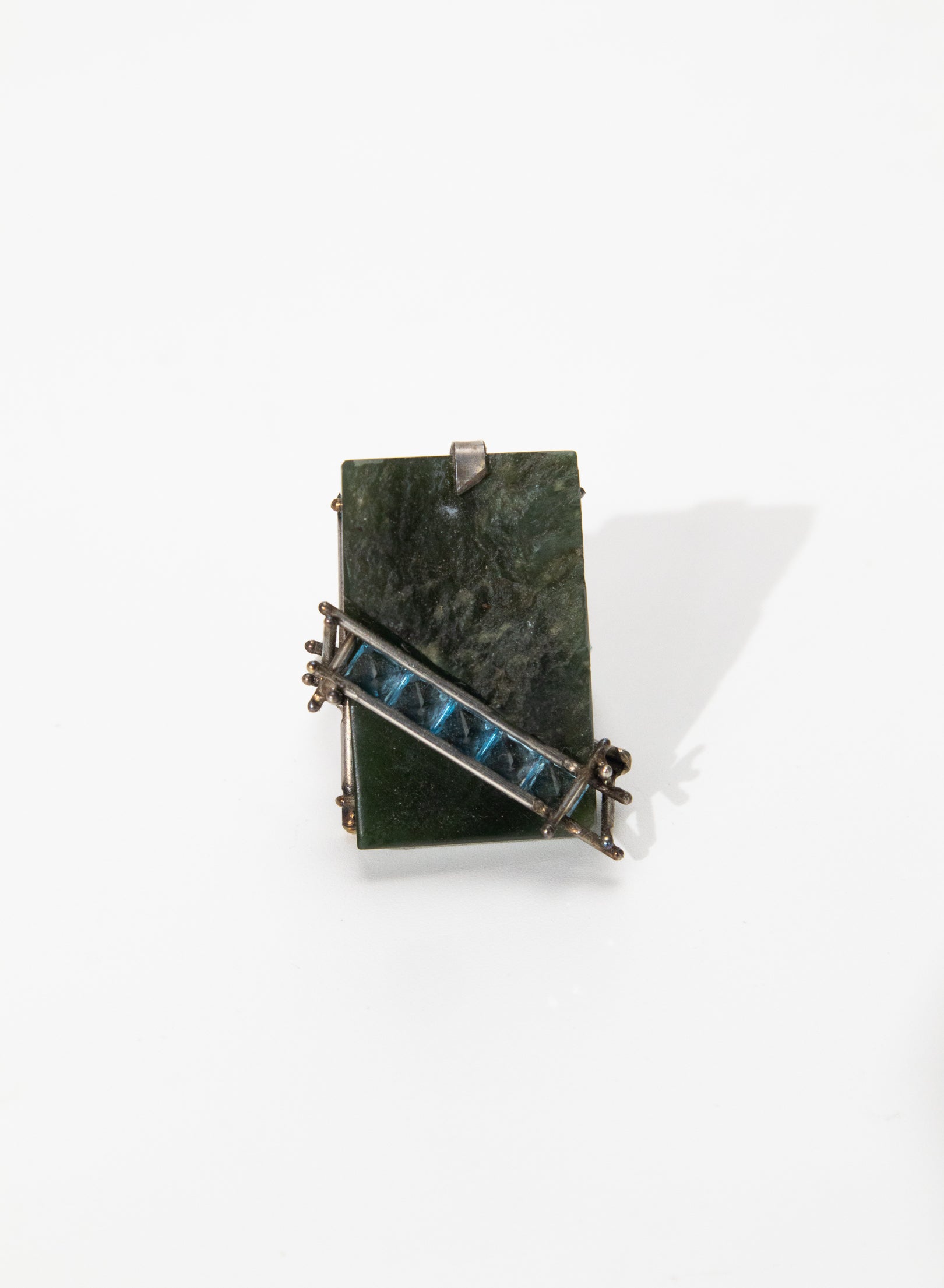 New Zealand Jade Pounamu, Swiss Blue Topaz and Stainless Steel Ring