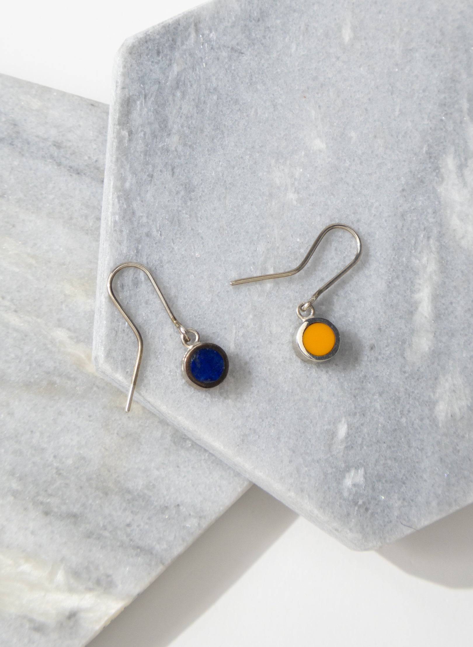 Disc Earrings - Sterling Silver, Lapis and Orange Corian