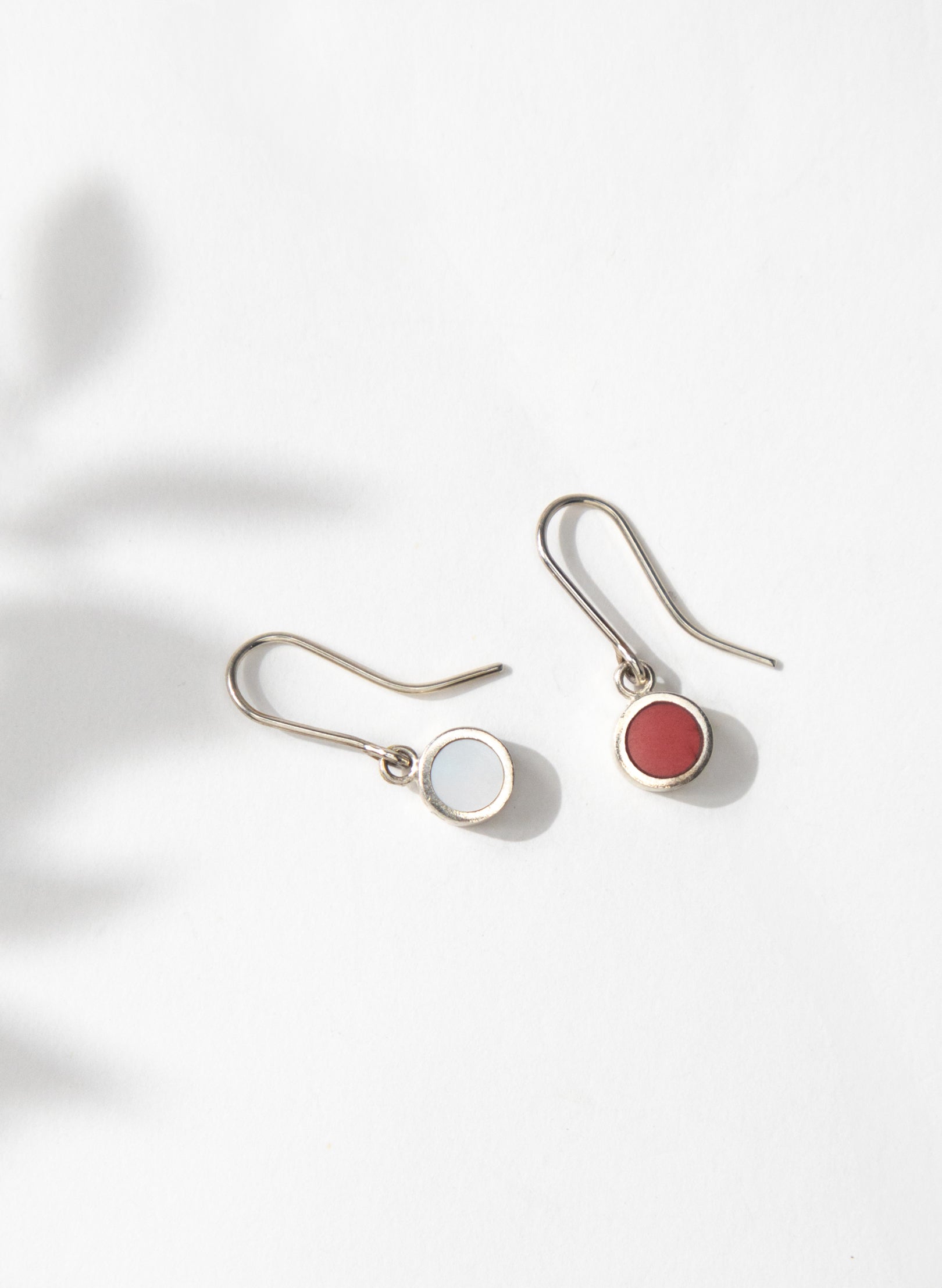 Disc Earrings - Sterling Silver, Mother of Pearl and Red Corian