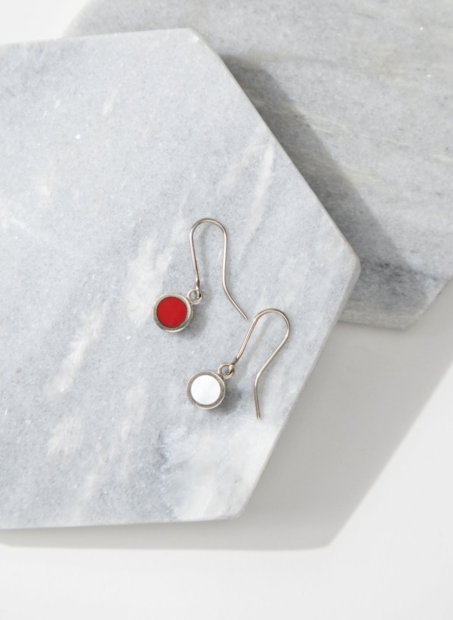 Disc Earrings - Sterling Silver, Mother of Pearl and Red Corian