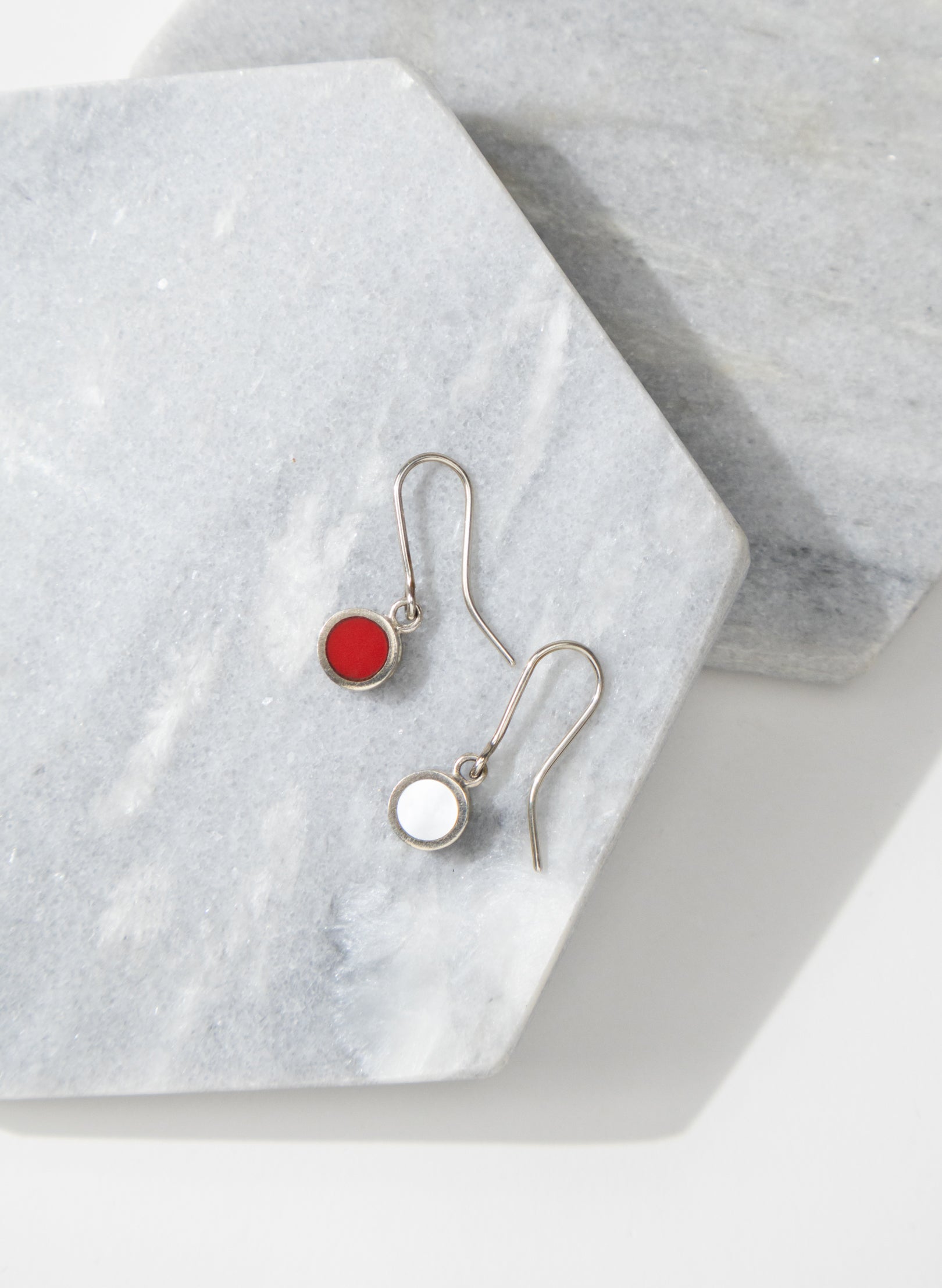 Disc Earrings - Sterling Silver, Mother of Pearl and Red Corian