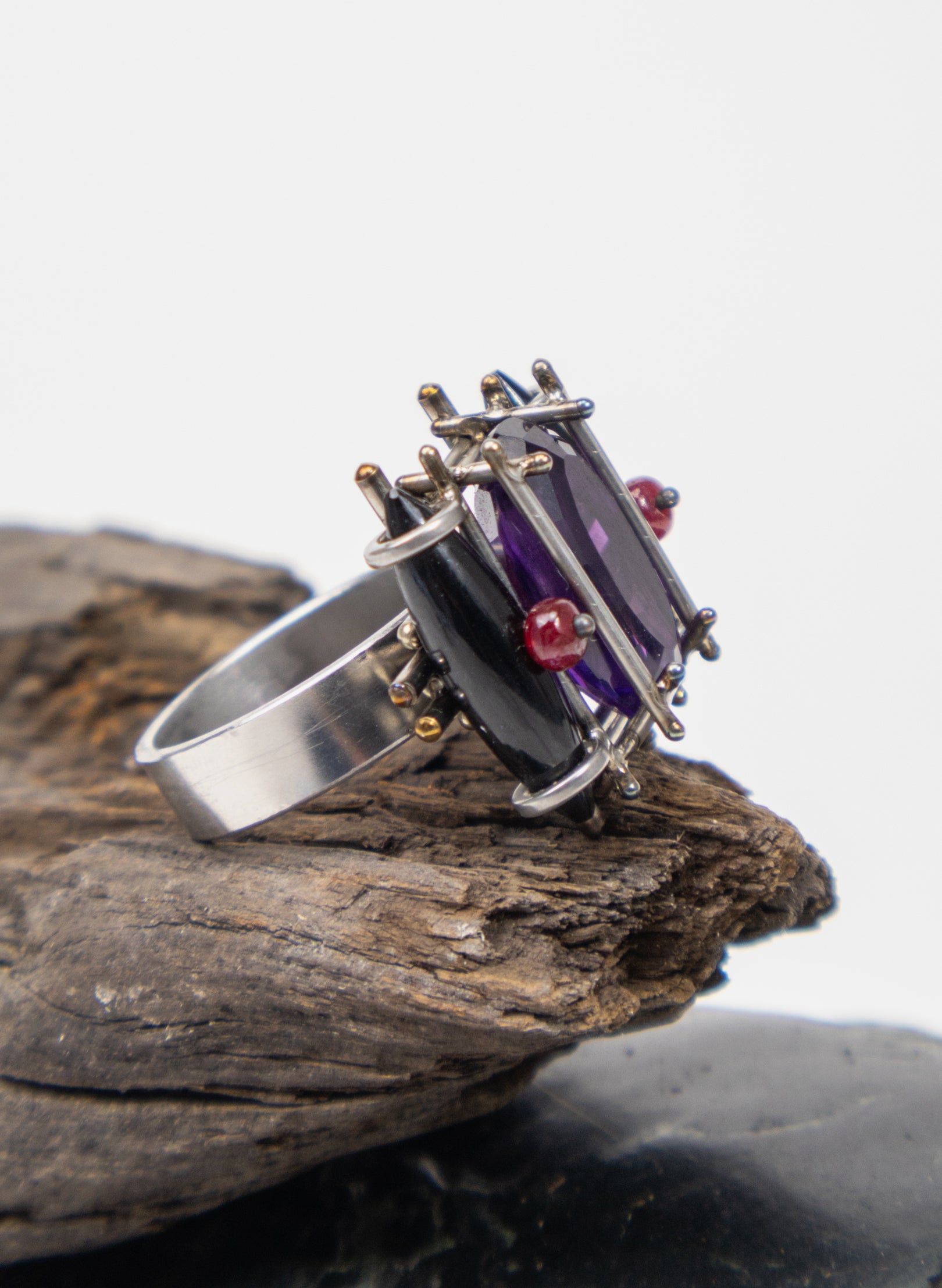 Amethyst, Onyx, Ruby Ring