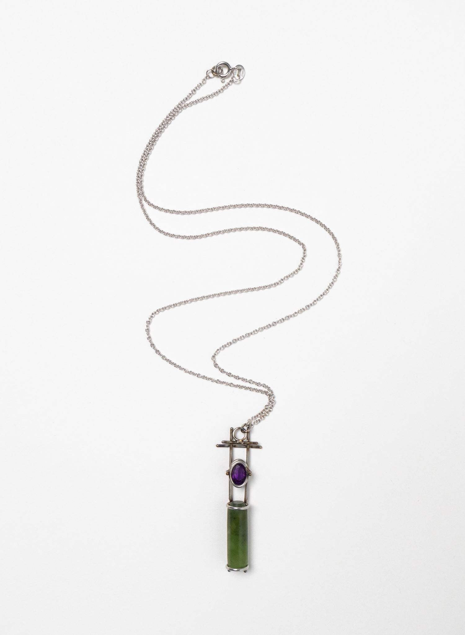 Amethyst, Pounamu, Stainless Steel and Silver Necklace