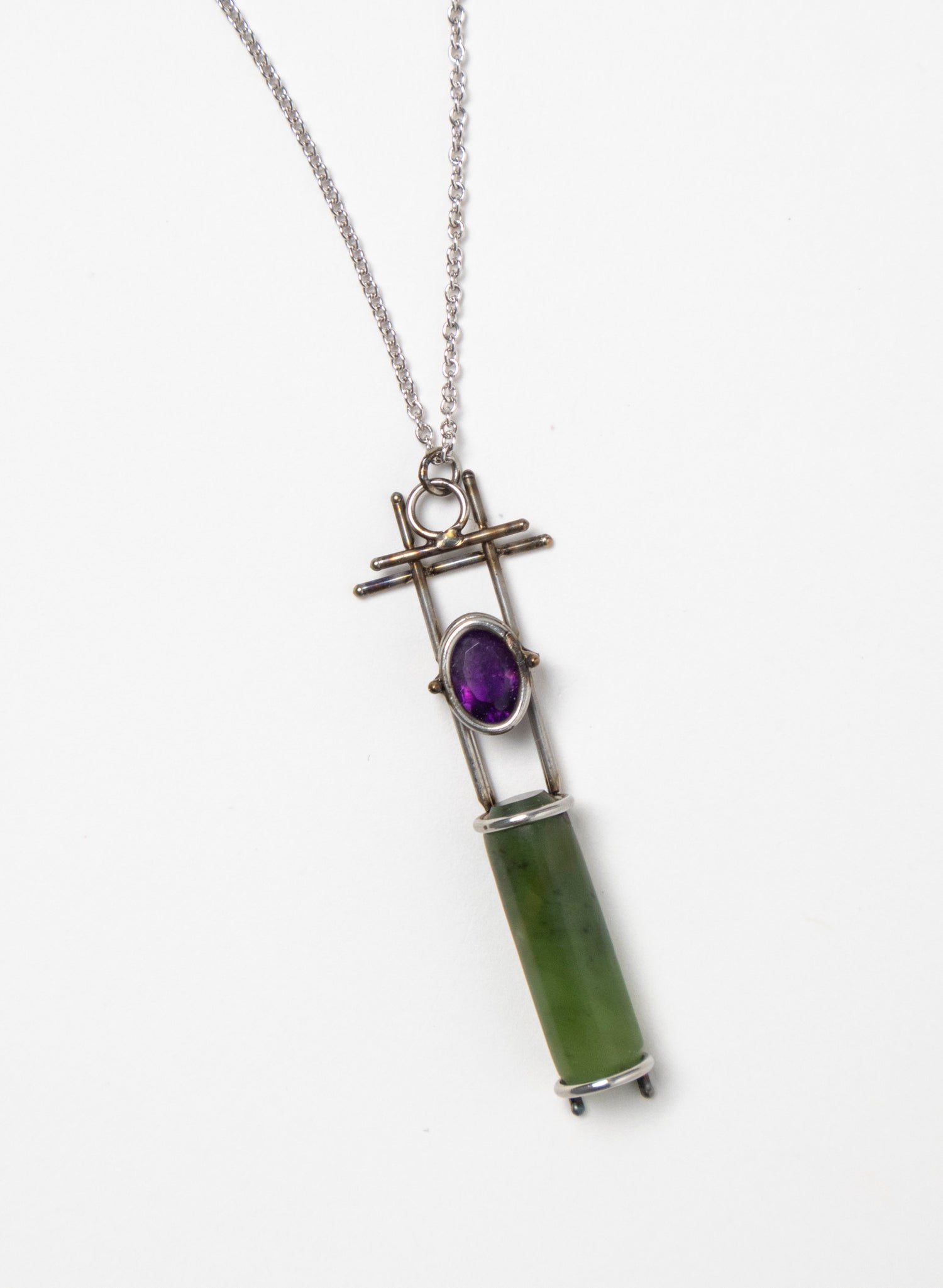Amethyst, Pounamu, Stainless Steel and Silver Necklace