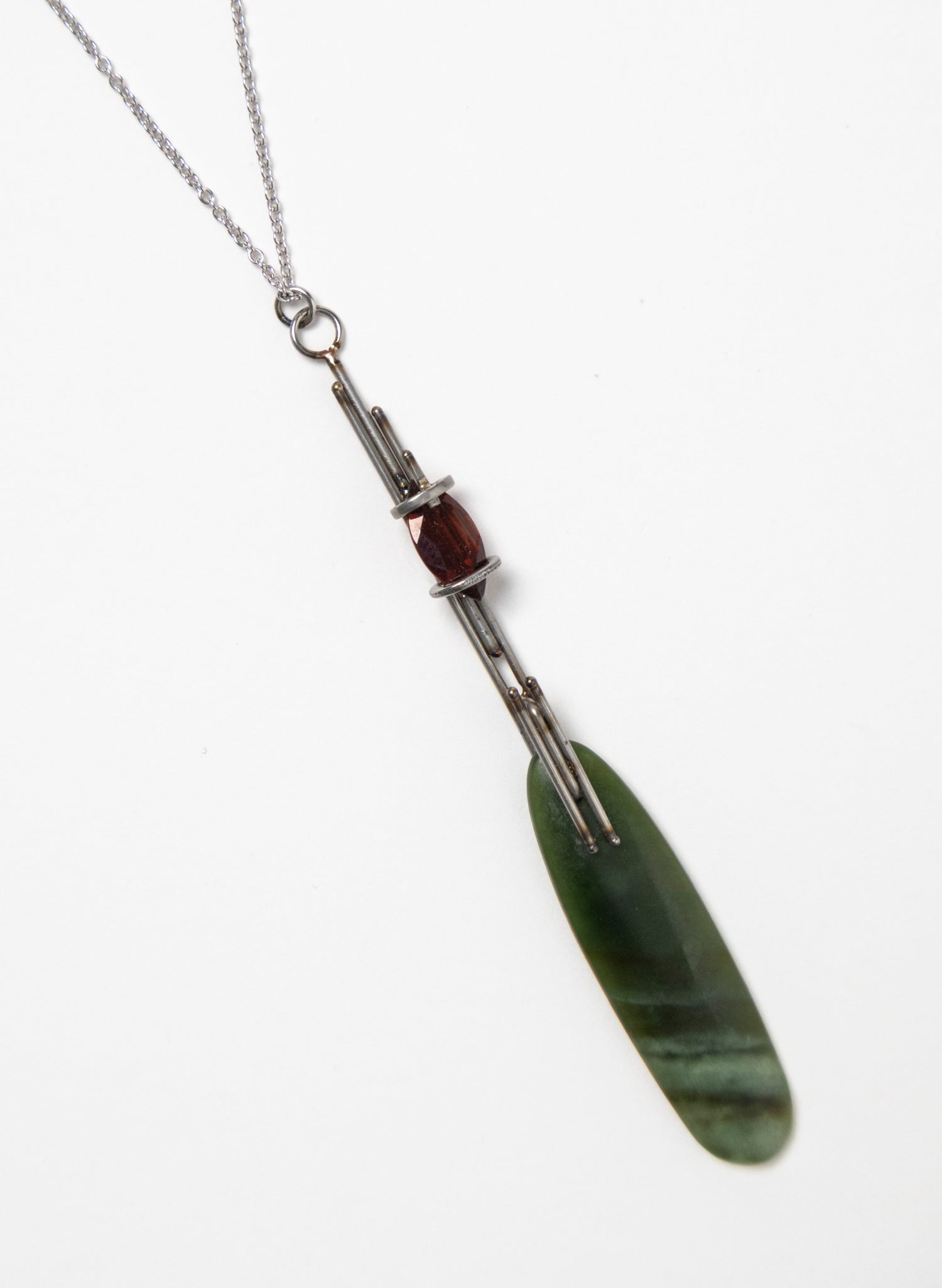 Garnet, Pounamu, Stainless Steel and Silver Necklace