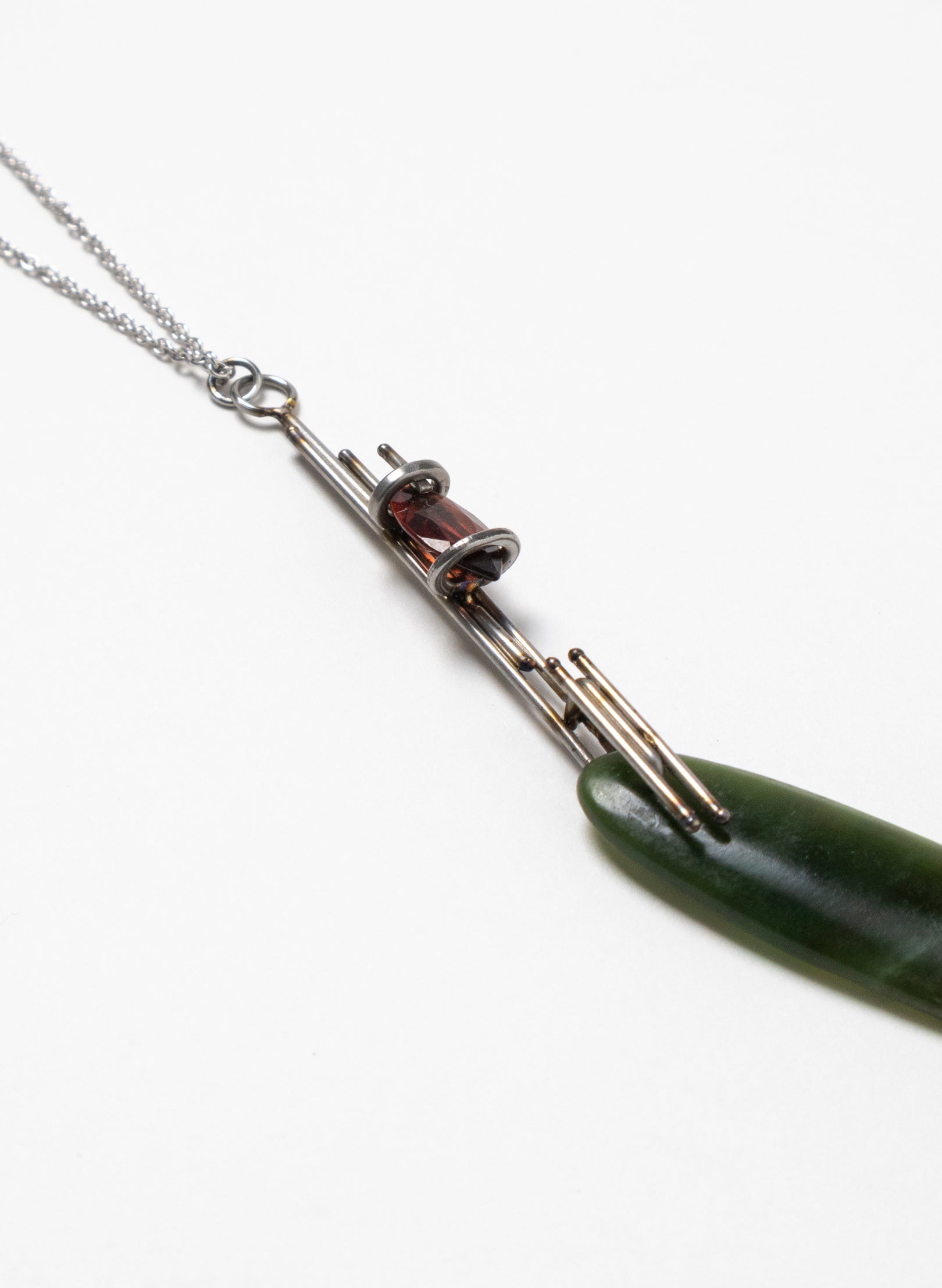 Garnet, Pounamu, Stainless Steel and Silver Necklace