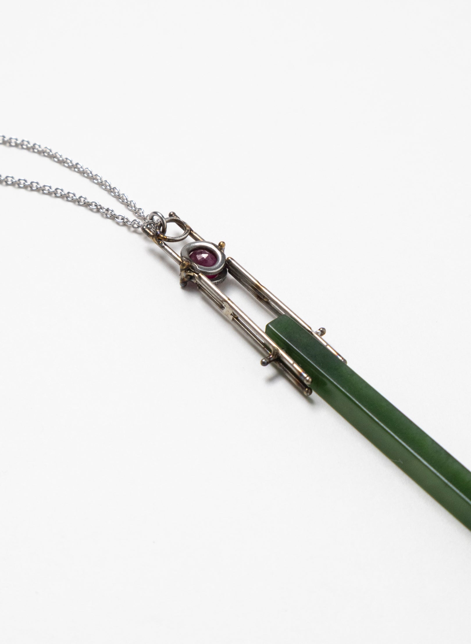 Natural Ruby, Pounamu, Stainless Steel and Silver Necklace