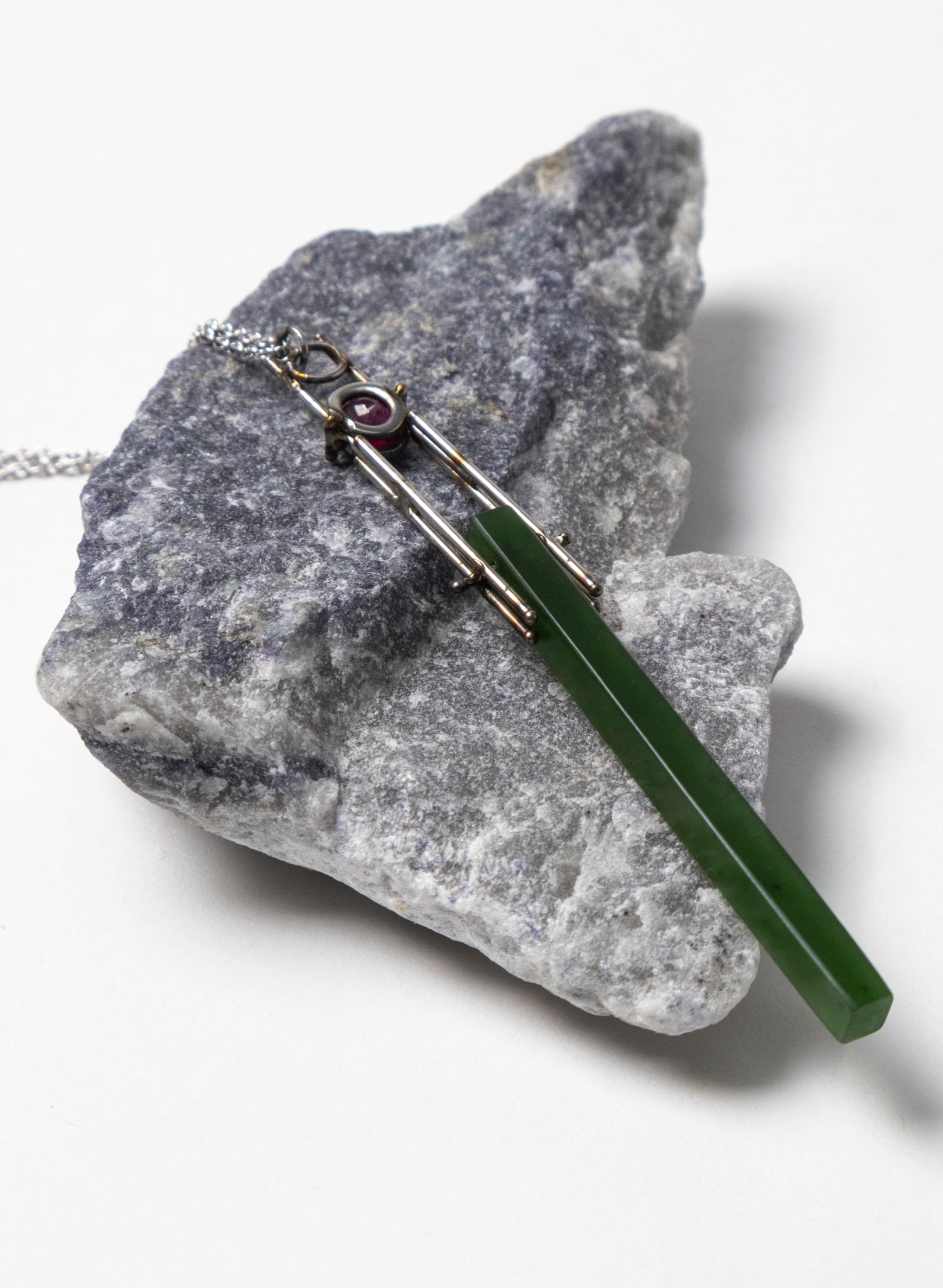 Natural Ruby, Pounamu, Stainless Steel and Silver Necklace