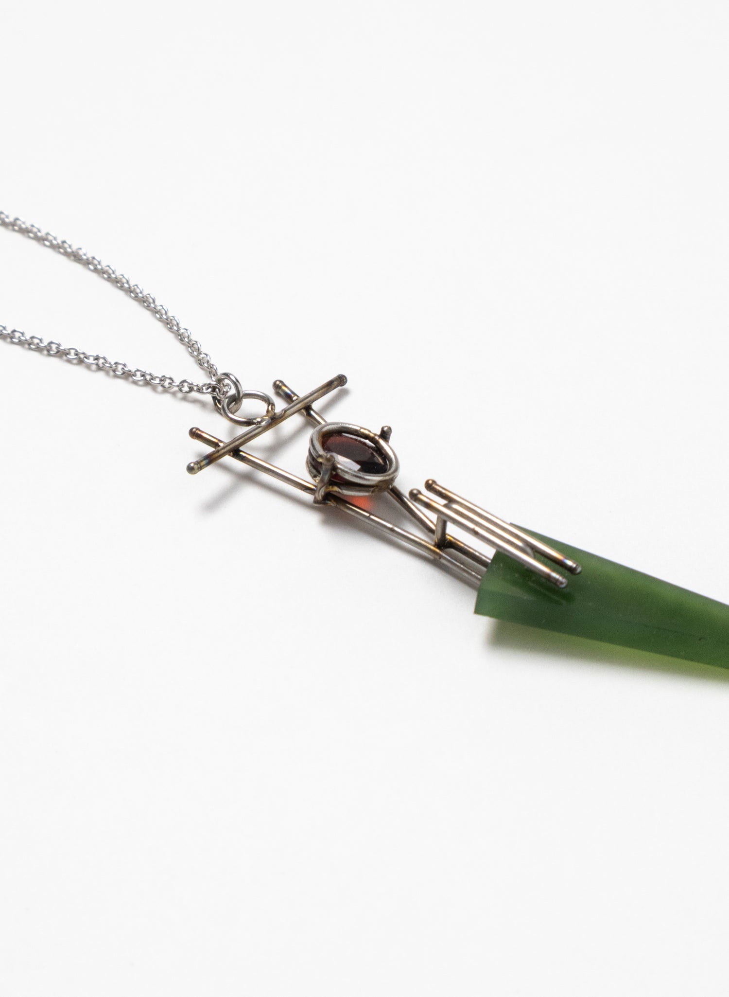 Garnet, Pounamu, Stainless Steel and Silver Necklace