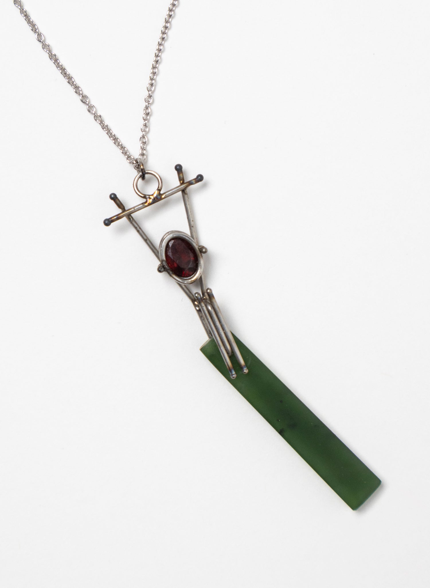 Garnet, Pounamu, Stainless Steel and Silver Necklace