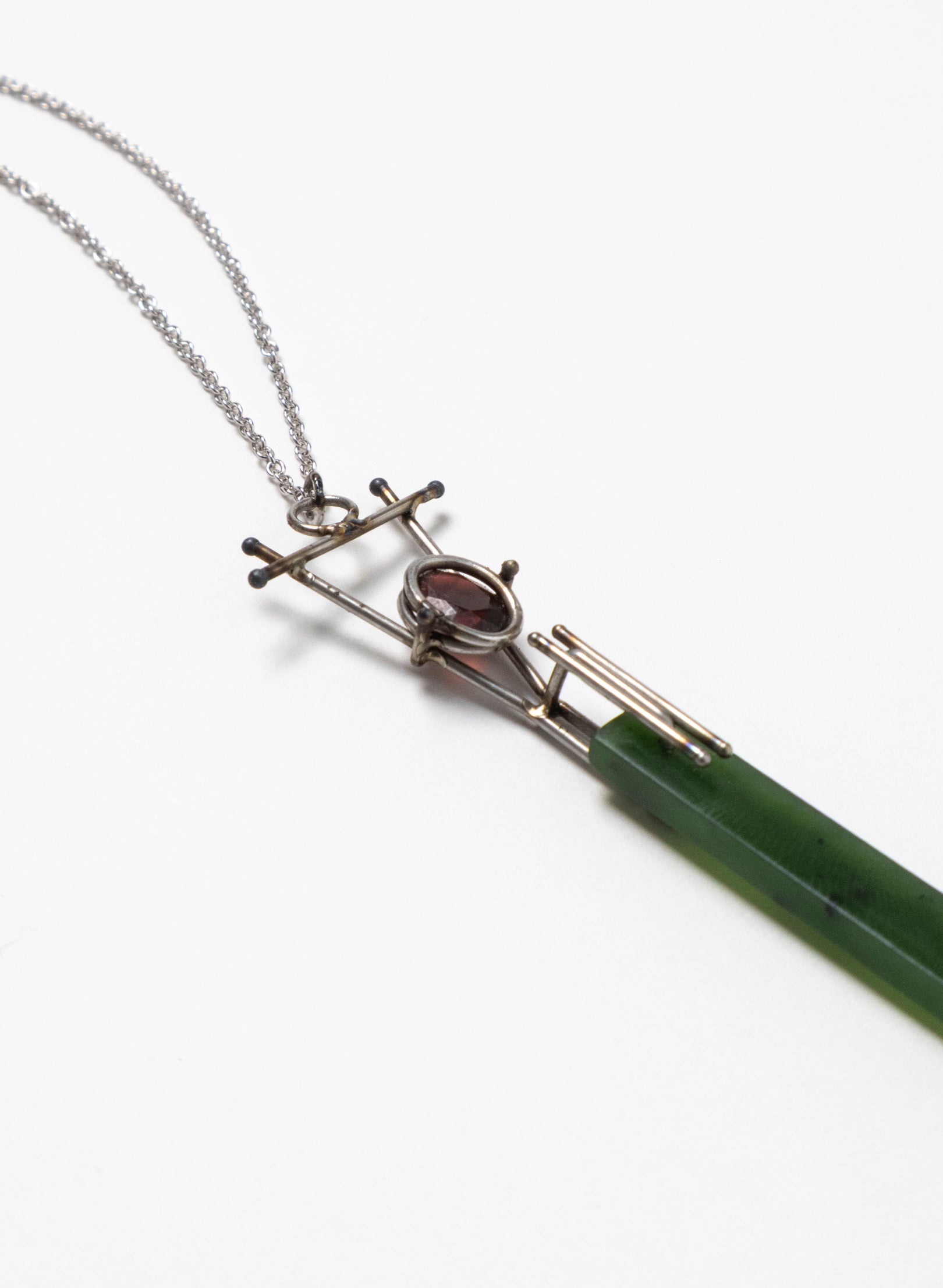 Garnet, Pounamu, Stainless Steel and Silver Necklace