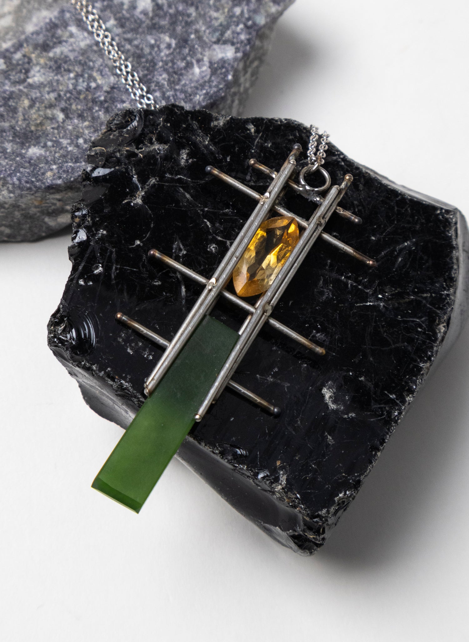 Citrine, Pounamu, Stainless Steel and Silver Necklace