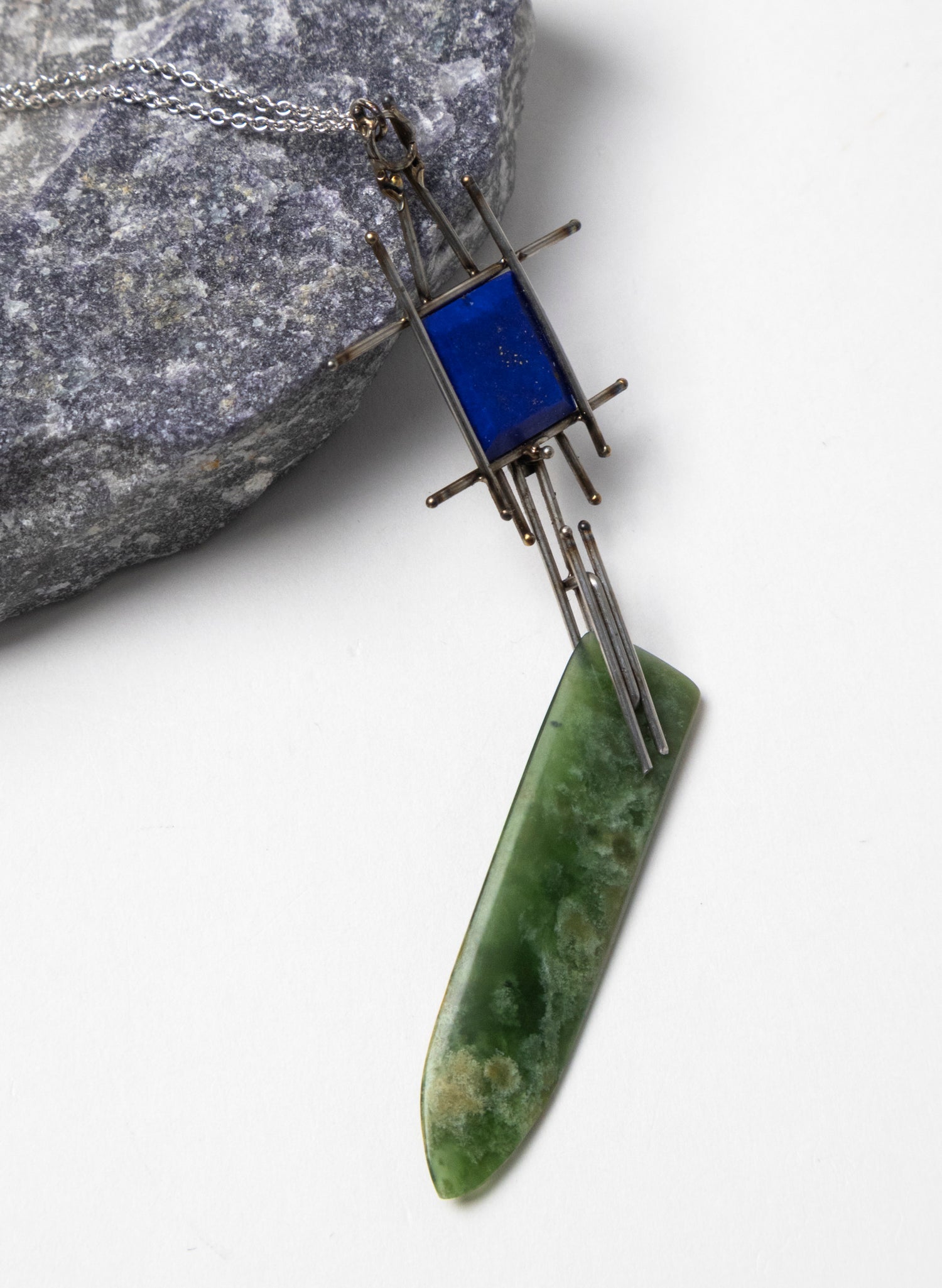 Lapis, Pounamu, Stainless Steel and Silver Necklace
