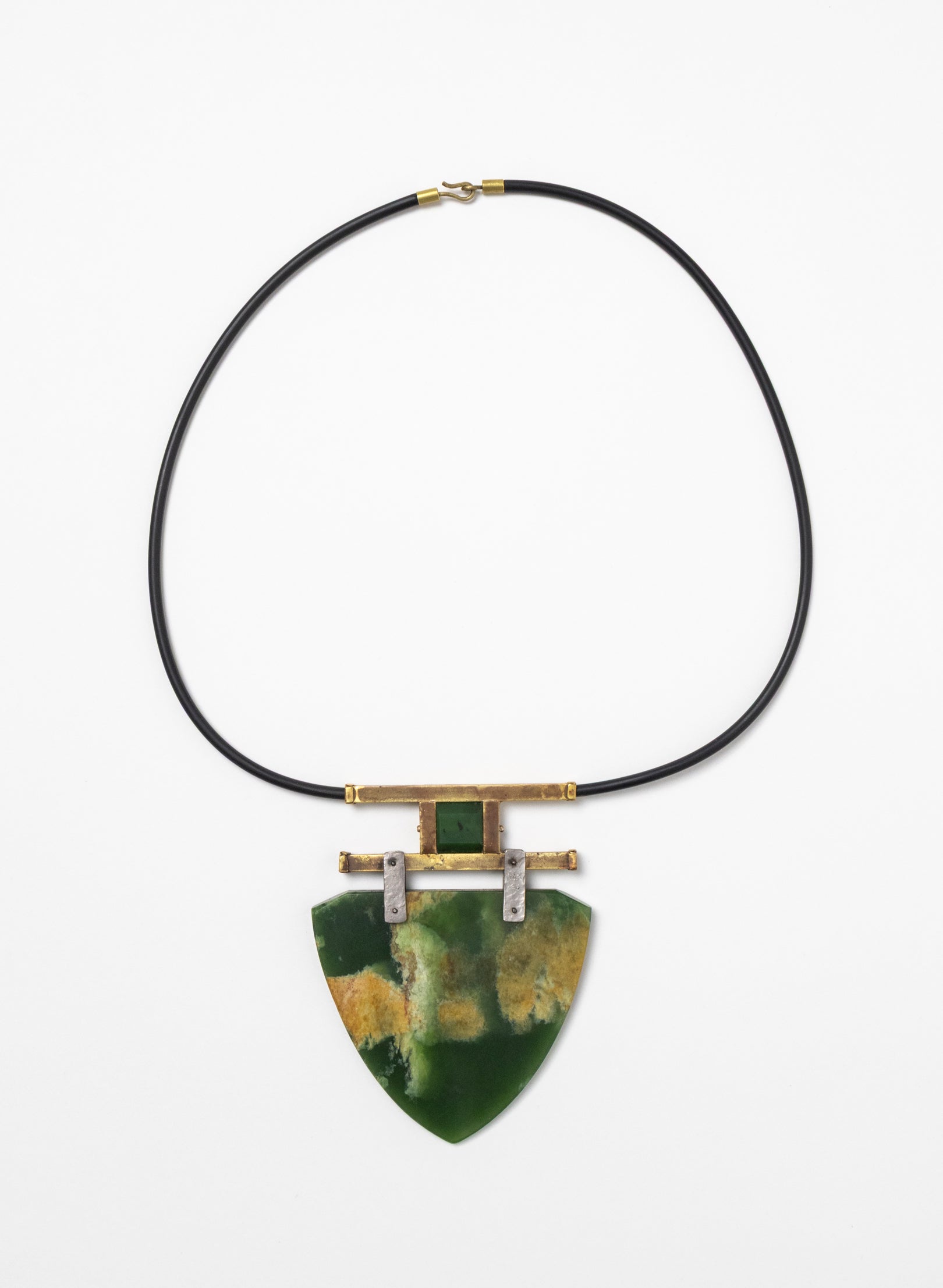 Brass, Rubber and NZ Pounamu Necklace with Stand