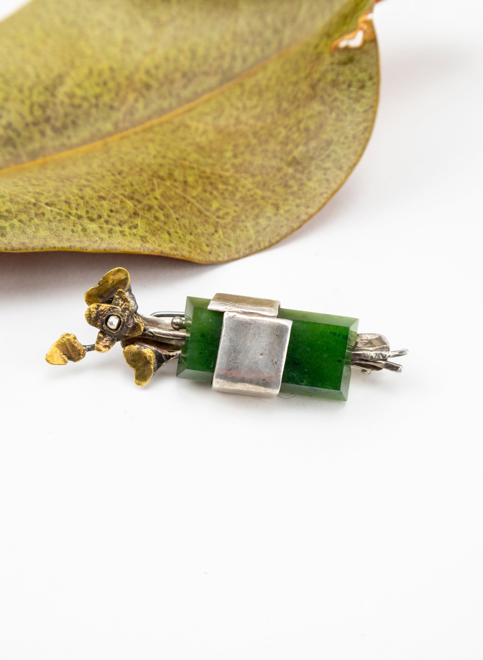 Pounamu, Silver and Gold Brooch