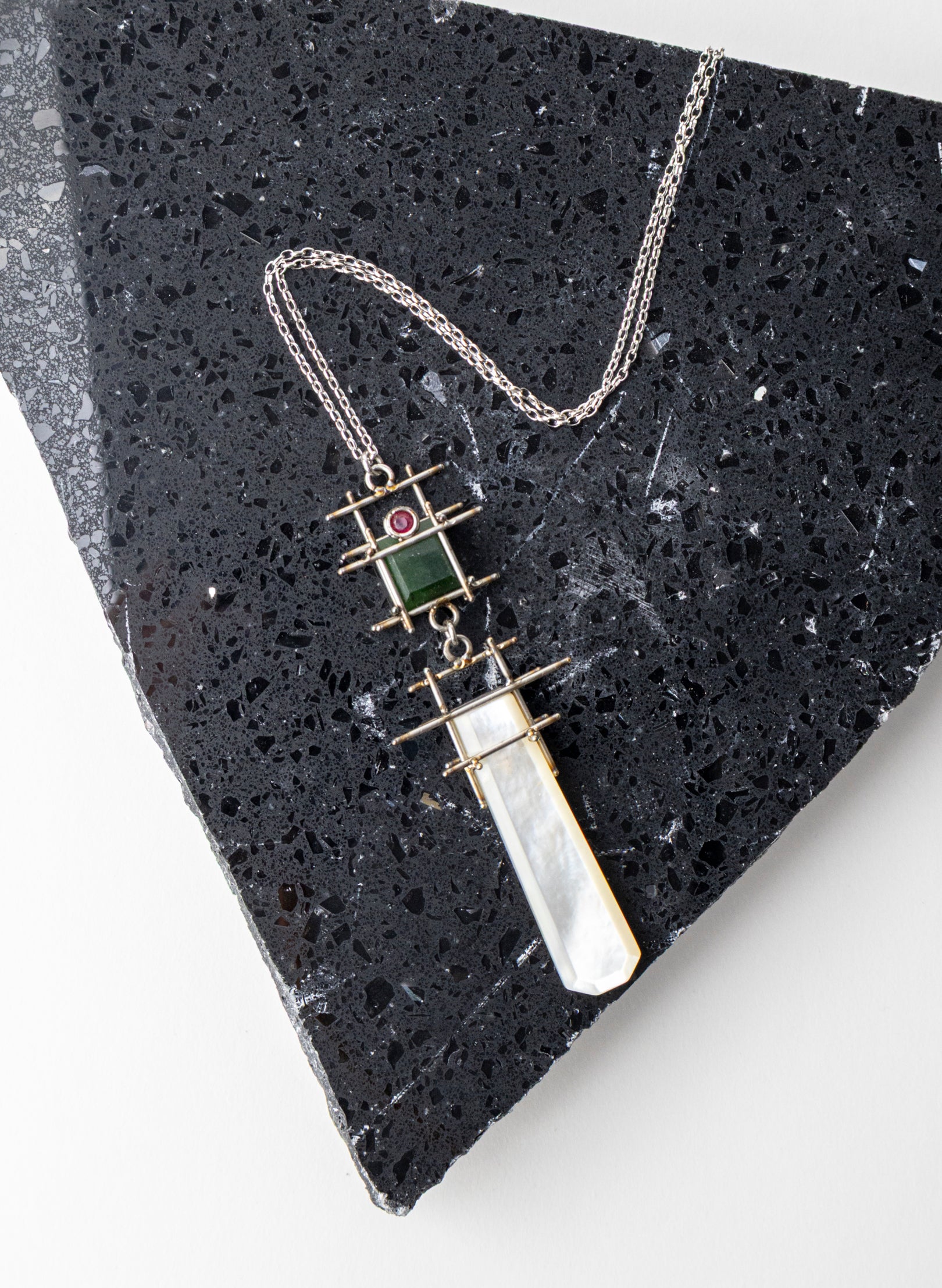 Ruby, Mother of Pearl Stainless Steel Necklace