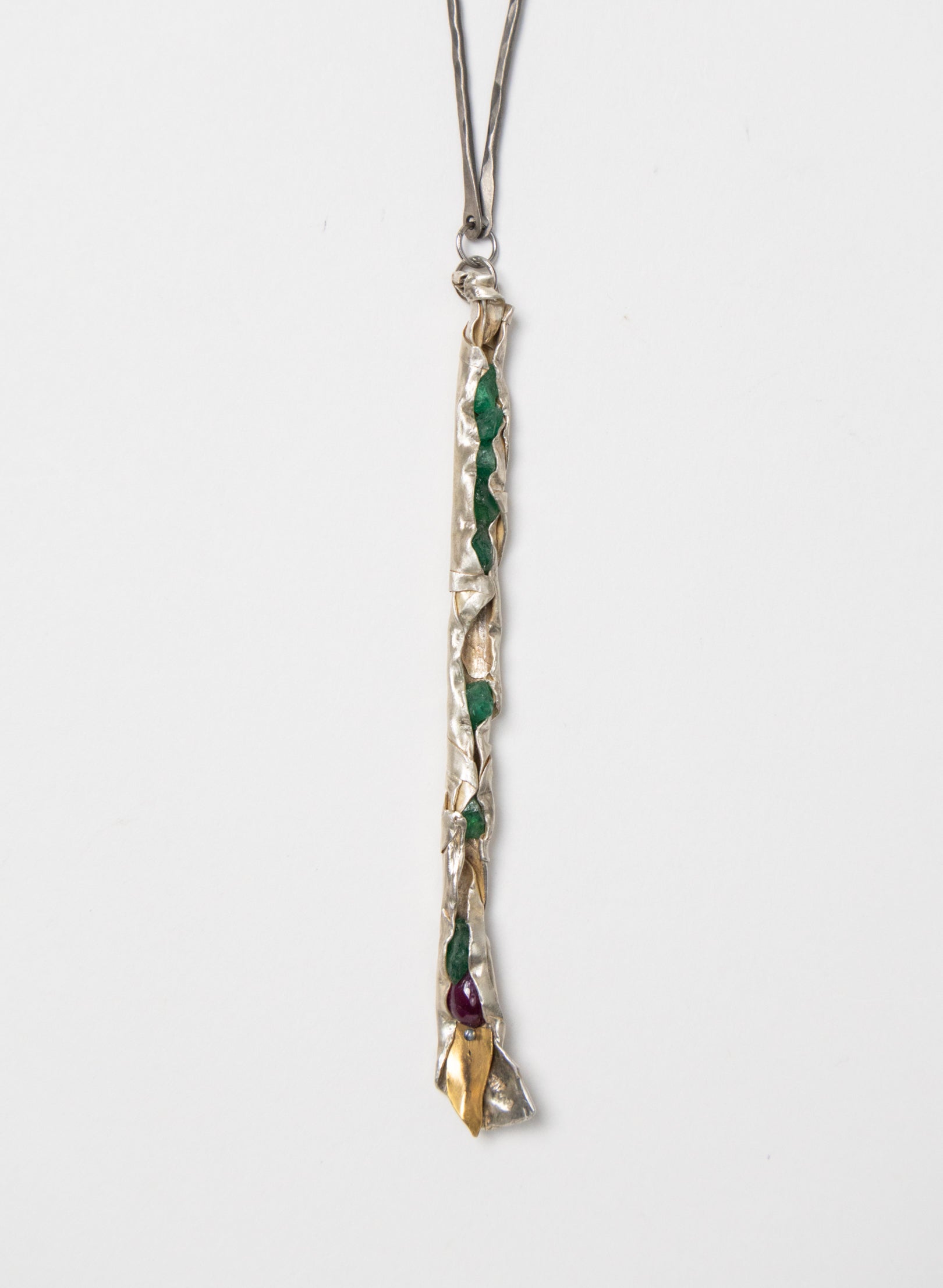 Raw Emerald, Ruby and Silver Necklace