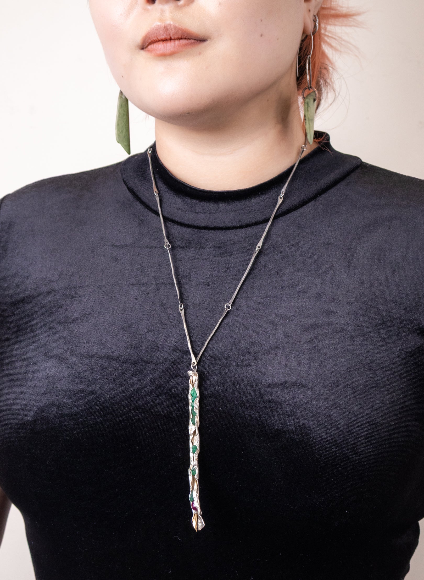 Raw Emerald, Ruby and Silver Necklace